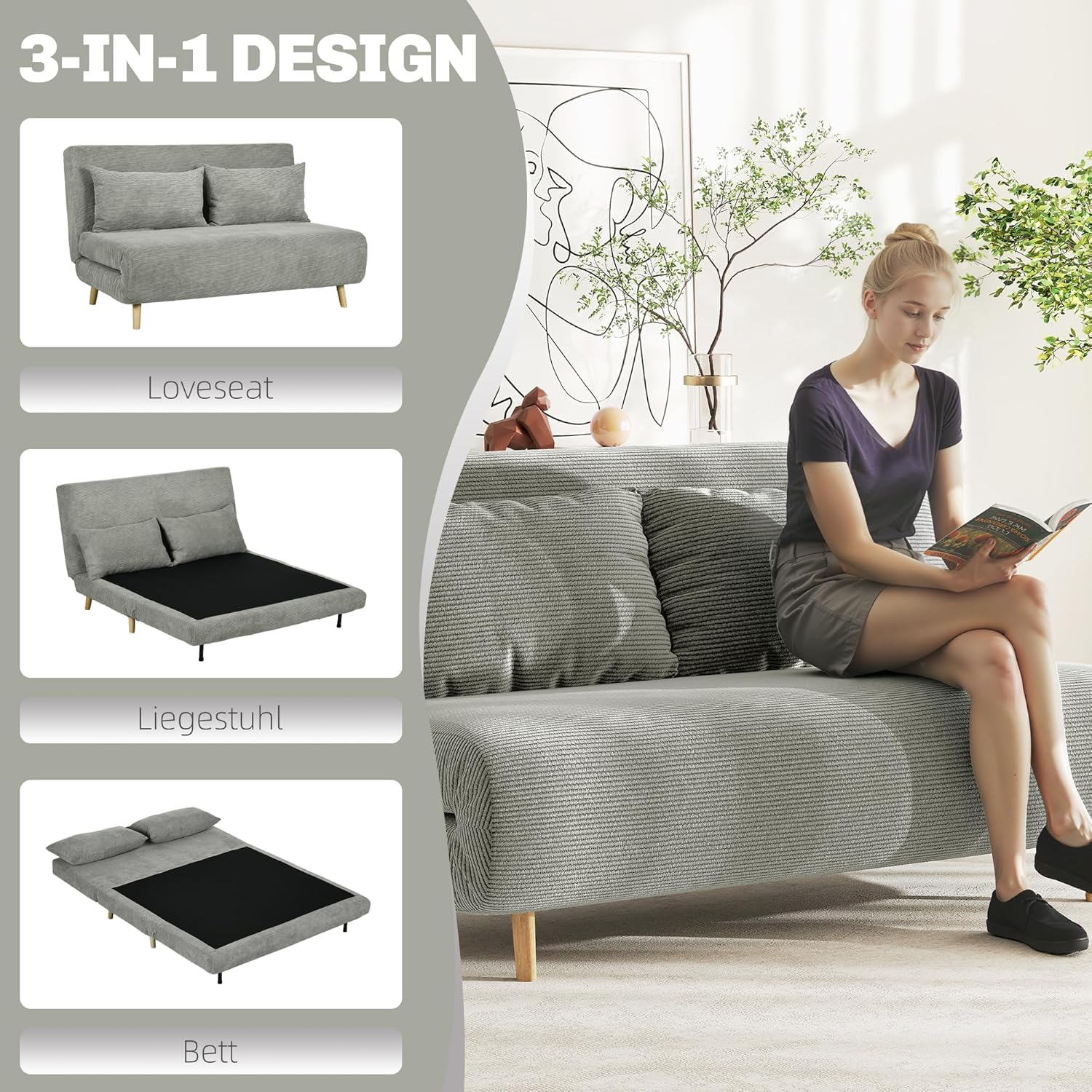 HOMCOM 3 in 1 Schlafsofa 2 Sitzer Sofa mit Schlaffunktion, 191 x 141 cm Klappbar Couch Schlafcouch mit 3-stufig Verstellbarer Rückenlehne und Kordoptik für Wohnzimmer, Grau — Ansicht 5