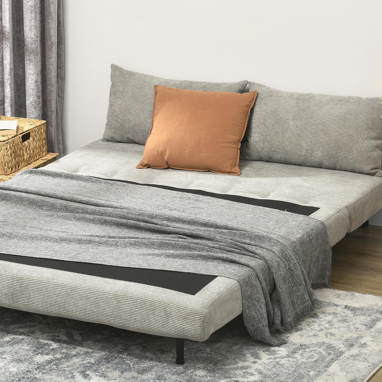 HOMCOM 3 in 1 Schlafsofa 2 Sitzer Sofa mit Schlaffunktion, 191 x 141 cm Klappbar Couch Schlafcouch mit 3-stufig Verstellbarer Rückenlehne und Kordoptik für Wohnzimmer, Grau — Ansicht 6