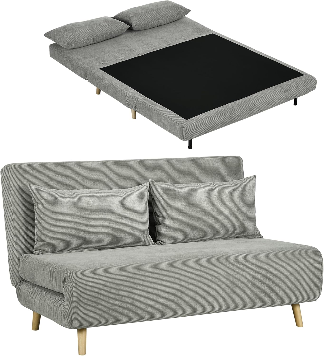HOMCOM 3 in 1 Schlafsofa 2 Sitzer Sofa mit Schlaffunktion, 191 x 141 cm Klappbar Couch Schlafcouch mit 3-stufig Verstellbarer Rückenlehne und Kordoptik für Wohnzimmer, Grau