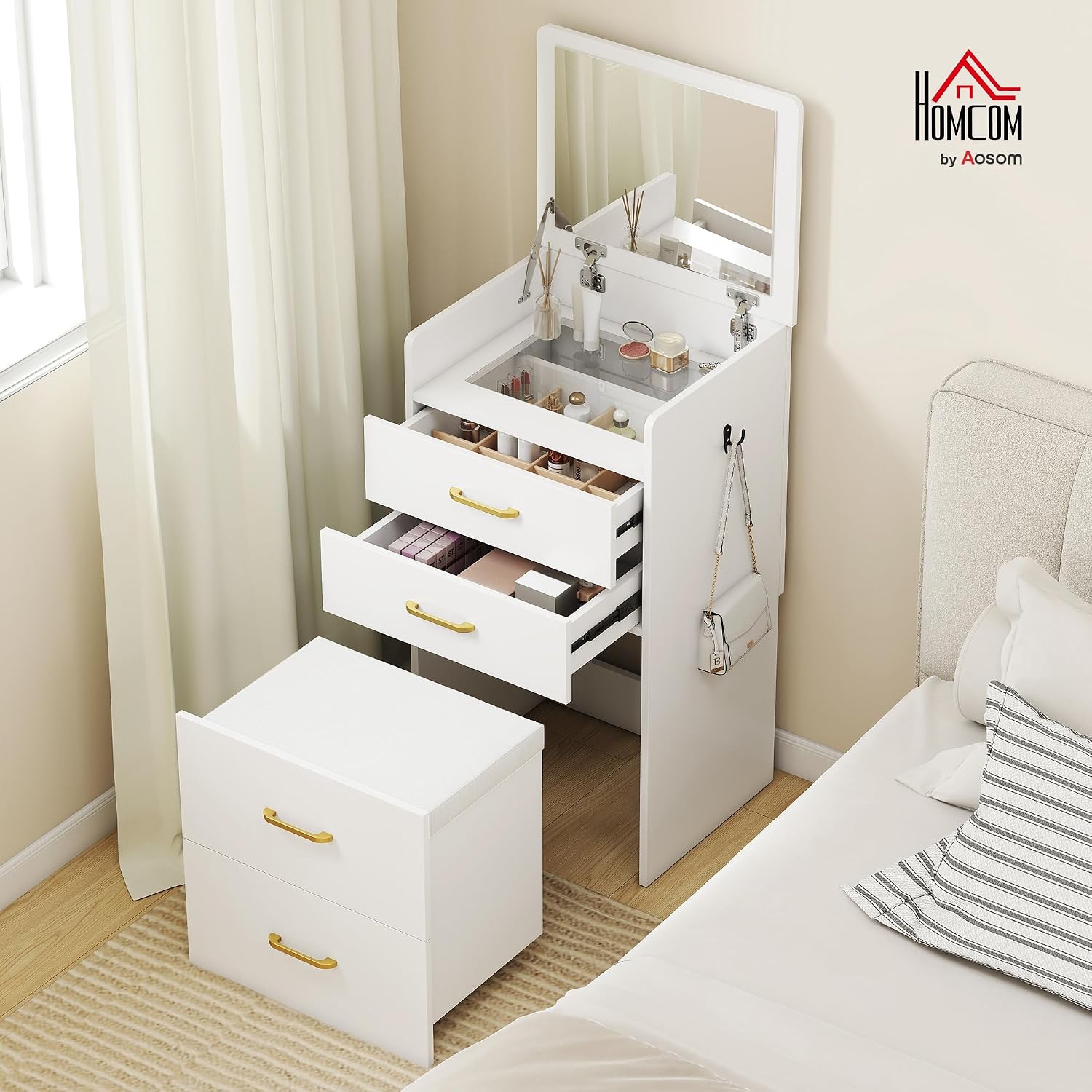 HOMCOM 3 in 1 Schminktisch mit Rollhocker, Kosmetiktisch mit Klappspiegel, Frisiertisch mit 3 Schubladen, Frisierkommode für Schlafzimmer, Weiß — Ansicht 2