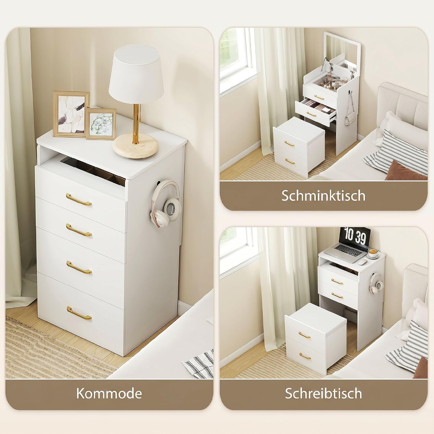 HOMCOM 3 in 1 Schminktisch mit Rollhocker, Kosmetiktisch mit Klappspiegel, Frisiertisch mit 3 Schubladen, Frisierkommode für Schlafzimmer, Weiß — Ansicht 3