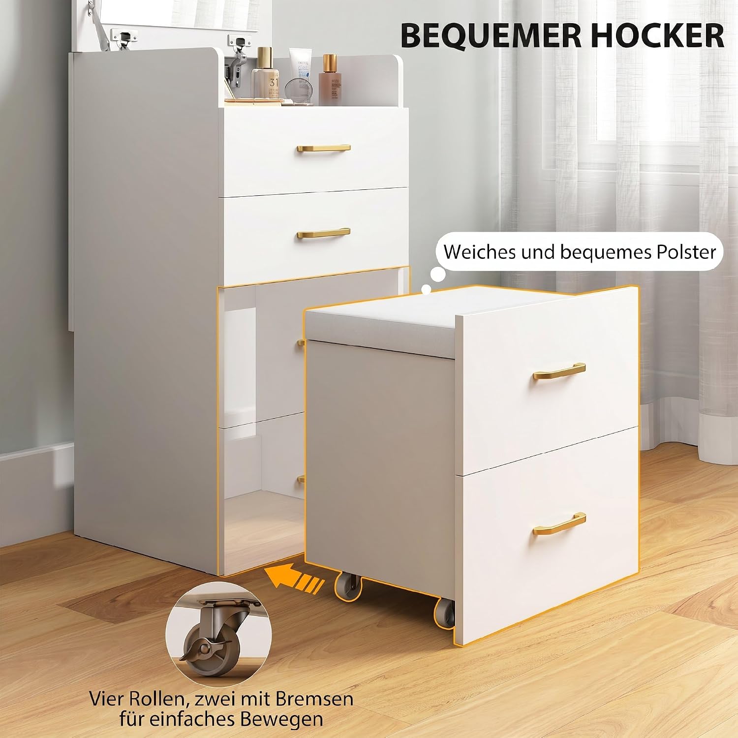 HOMCOM 3 in 1 Schminktisch mit Rollhocker, Kosmetiktisch mit Klappspiegel, Frisiertisch mit 3 Schubladen, Frisierkommode für Schlafzimmer, Weiß — Ansicht 4