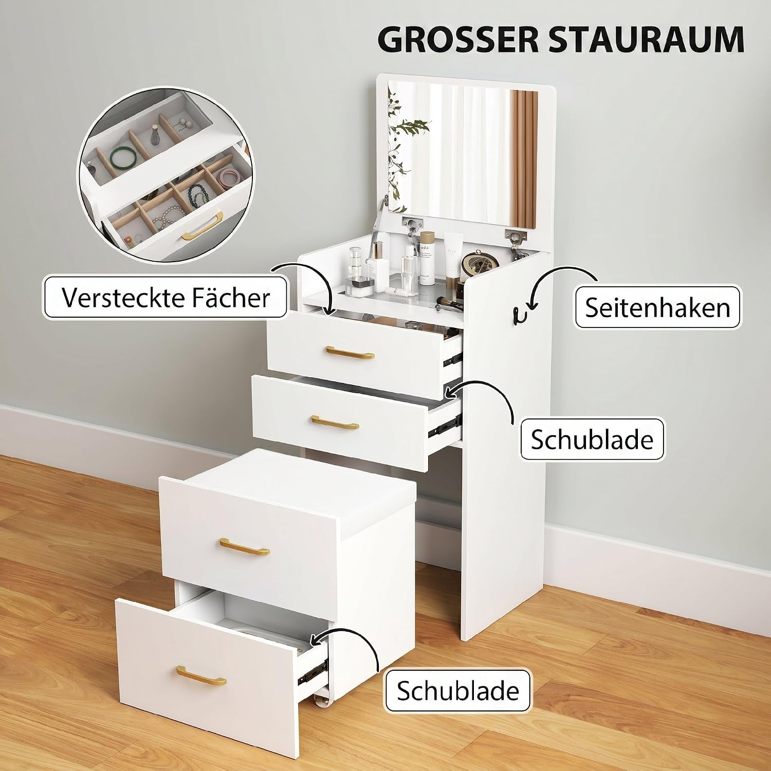 HOMCOM 3 in 1 Schminktisch mit Rollhocker, Kosmetiktisch mit Klappspiegel, Frisiertisch mit 3 Schubladen, Frisierkommode für Schlafzimmer, Weiß — Ansicht 5