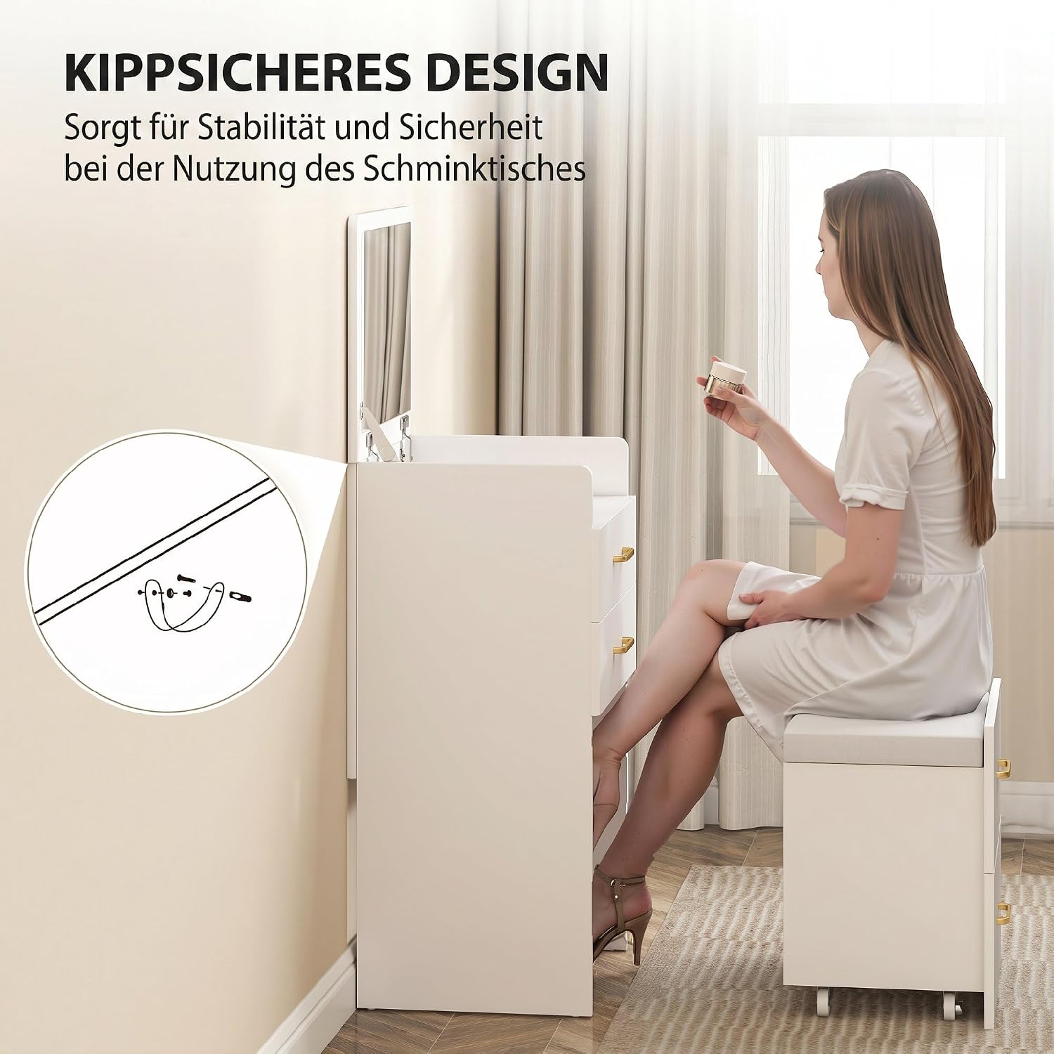 HOMCOM 3 in 1 Schminktisch mit Rollhocker, Kosmetiktisch mit Klappspiegel, Frisiertisch mit 3 Schubladen, Frisierkommode für Schlafzimmer, Weiß — Ansicht 6