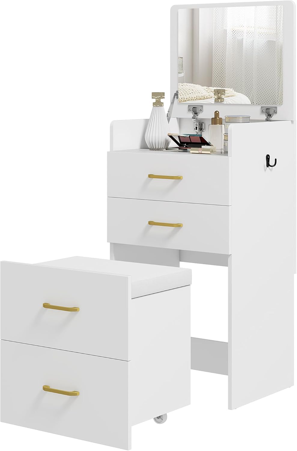 HOMCOM 3 in 1 Schminktisch mit Rollhocker, Kosmetiktisch mit Klappspiegel, Frisiertisch mit 3 Schubladen, Frisierkommode für Schlafzimmer, Weiß