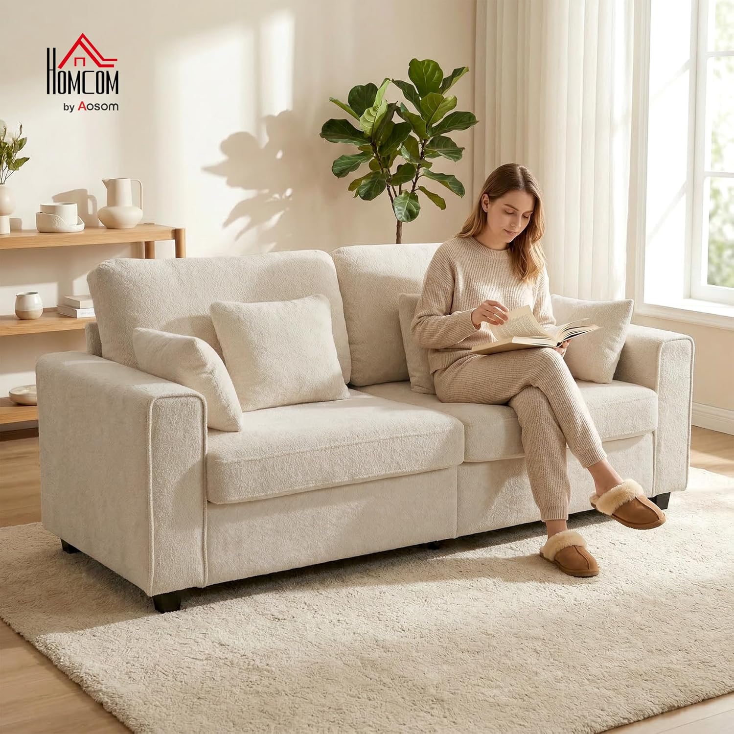 HOMCOM 3-Sitzer Sofa, 211,5 cm Couch mit Tiefem Sitz, 4 Kissen, Bequemes Polstersofa mit Strukturstoff in Samtoptik, Gepolstertes Loungesofa für Wohnzimmer, Schlafzimmer, Beige — Ansicht 2