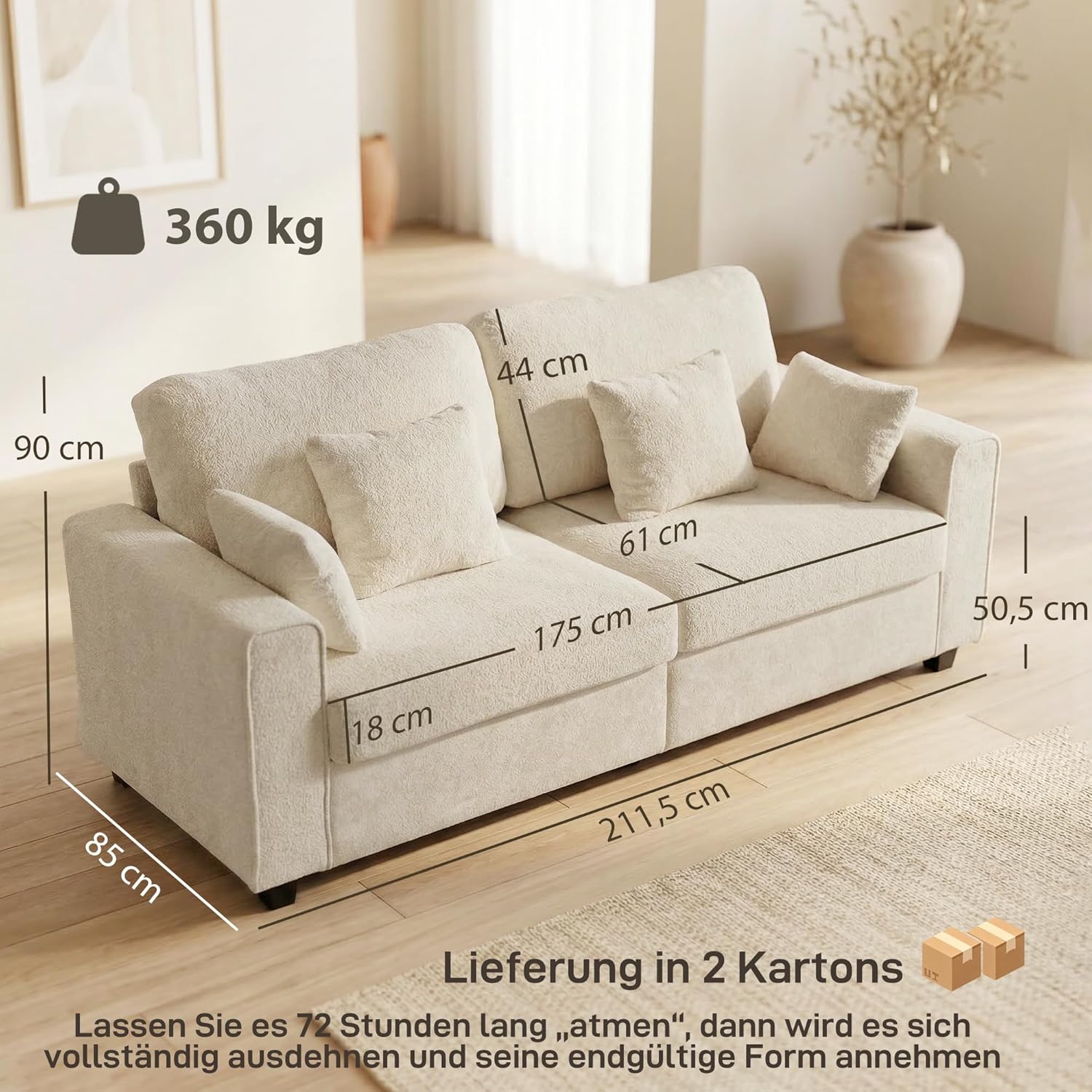 HOMCOM 3-Sitzer Sofa, 211,5 cm Couch mit Tiefem Sitz, 4 Kissen, Bequemes Polstersofa mit Strukturstoff in Samtoptik, Gepolstertes Loungesofa für Wohnzimmer, Schlafzimmer, Beige — Ansicht 3