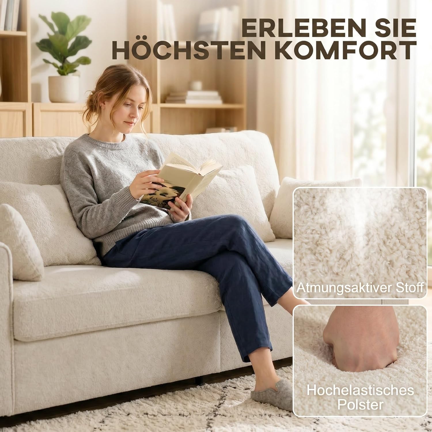 HOMCOM 3-Sitzer Sofa, 211,5 cm Couch mit Tiefem Sitz, 4 Kissen, Bequemes Polstersofa mit Strukturstoff in Samtoptik, Gepolstertes Loungesofa für Wohnzimmer, Schlafzimmer, Beige — Ansicht 4