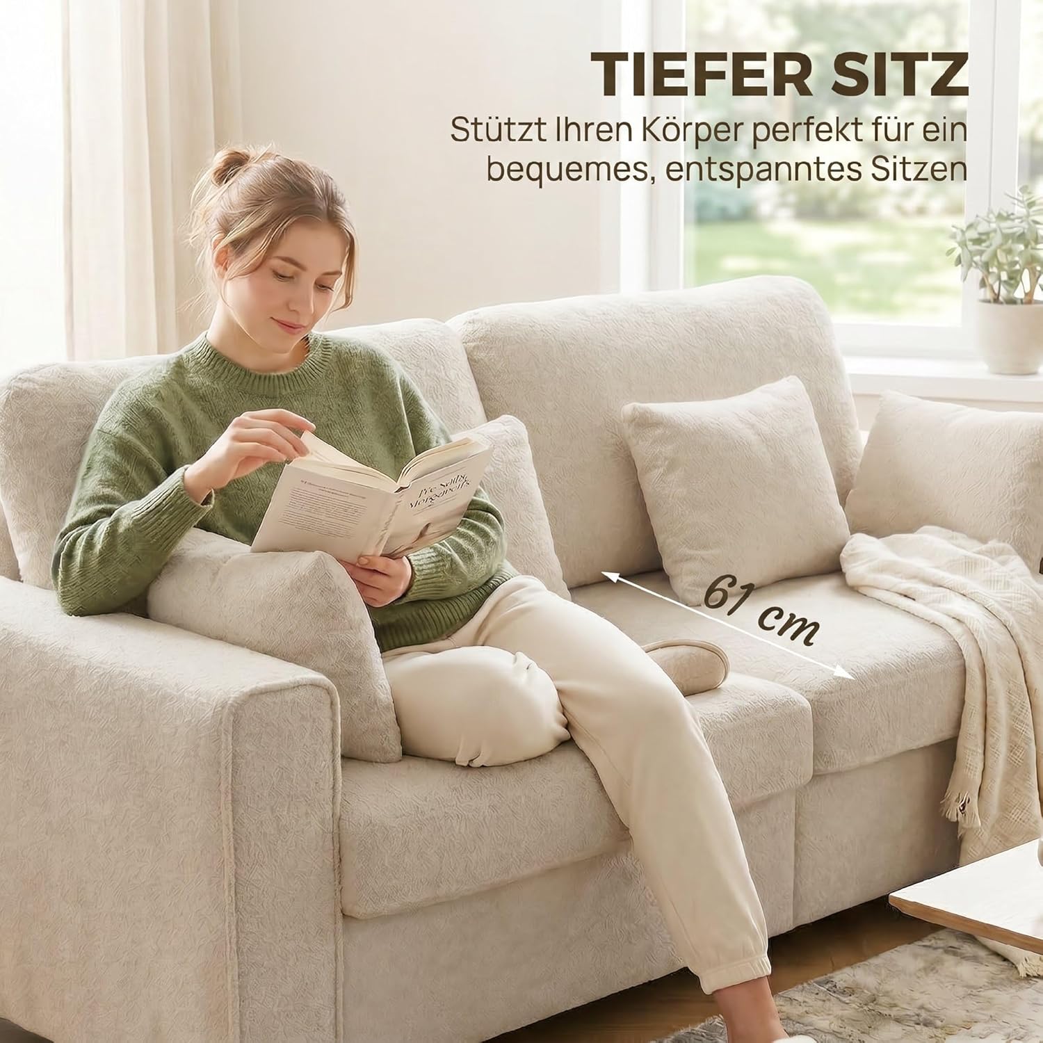 HOMCOM 3-Sitzer Sofa, 211,5 cm Couch mit Tiefem Sitz, 4 Kissen, Bequemes Polstersofa mit Strukturstoff in Samtoptik, Gepolstertes Loungesofa für Wohnzimmer, Schlafzimmer, Beige — Ansicht 6