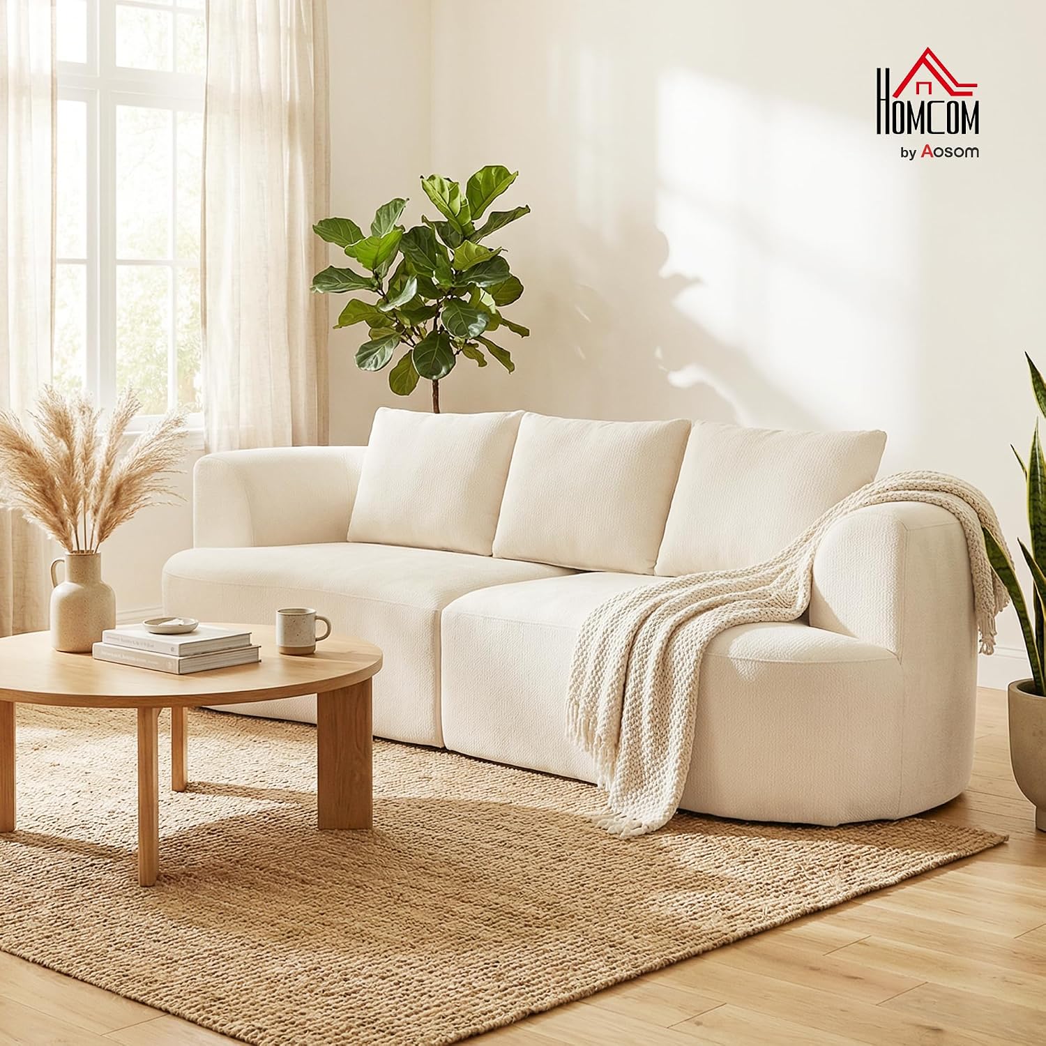 HOMCOM 3-Sitzer Sofa, 260cm Couch im Wolken-Design Gepolstert Loungesofa mit 3 Lendenkissen, Breite Armlehnen und Sitzfläche, Polstersofa mit Chenilleoptik für Wohnzimmer, Schlafzimmer, Cremeweiß — Ansicht 2