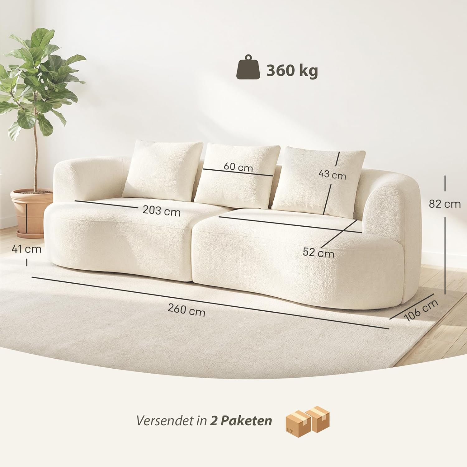 HOMCOM 3-Sitzer Sofa, 260cm Couch im Wolken-Design Gepolstert Loungesofa mit 3 Lendenkissen, Breite Armlehnen und Sitzfläche, Polstersofa mit Chenilleoptik für Wohnzimmer, Schlafzimmer, Cremeweiß — Ansicht 3