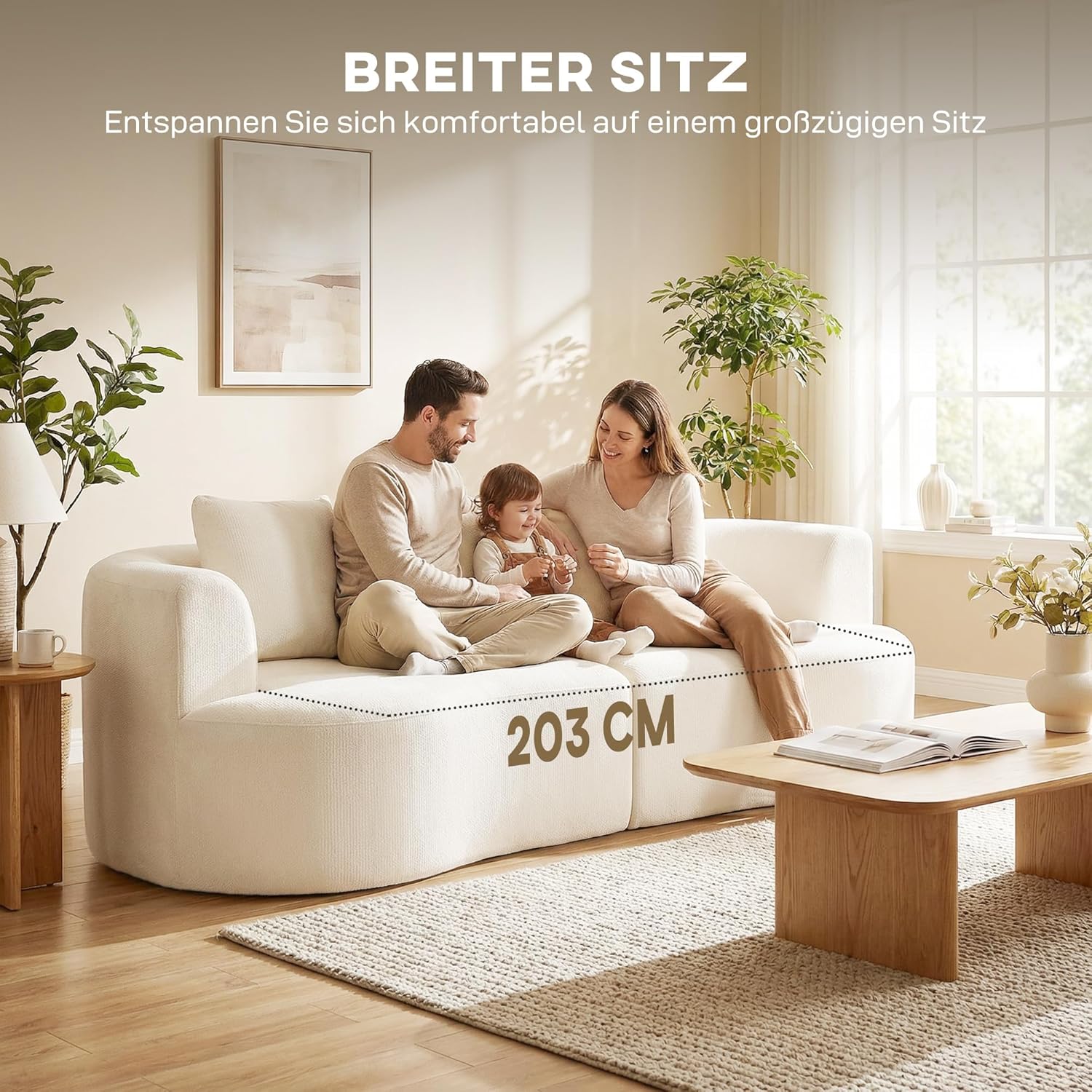 HOMCOM 3-Sitzer Sofa, 260cm Couch im Wolken-Design Gepolstert Loungesofa mit 3 Lendenkissen, Breite Armlehnen und Sitzfläche, Polstersofa mit Chenilleoptik für Wohnzimmer, Schlafzimmer, Cremeweiß — Ansicht 5