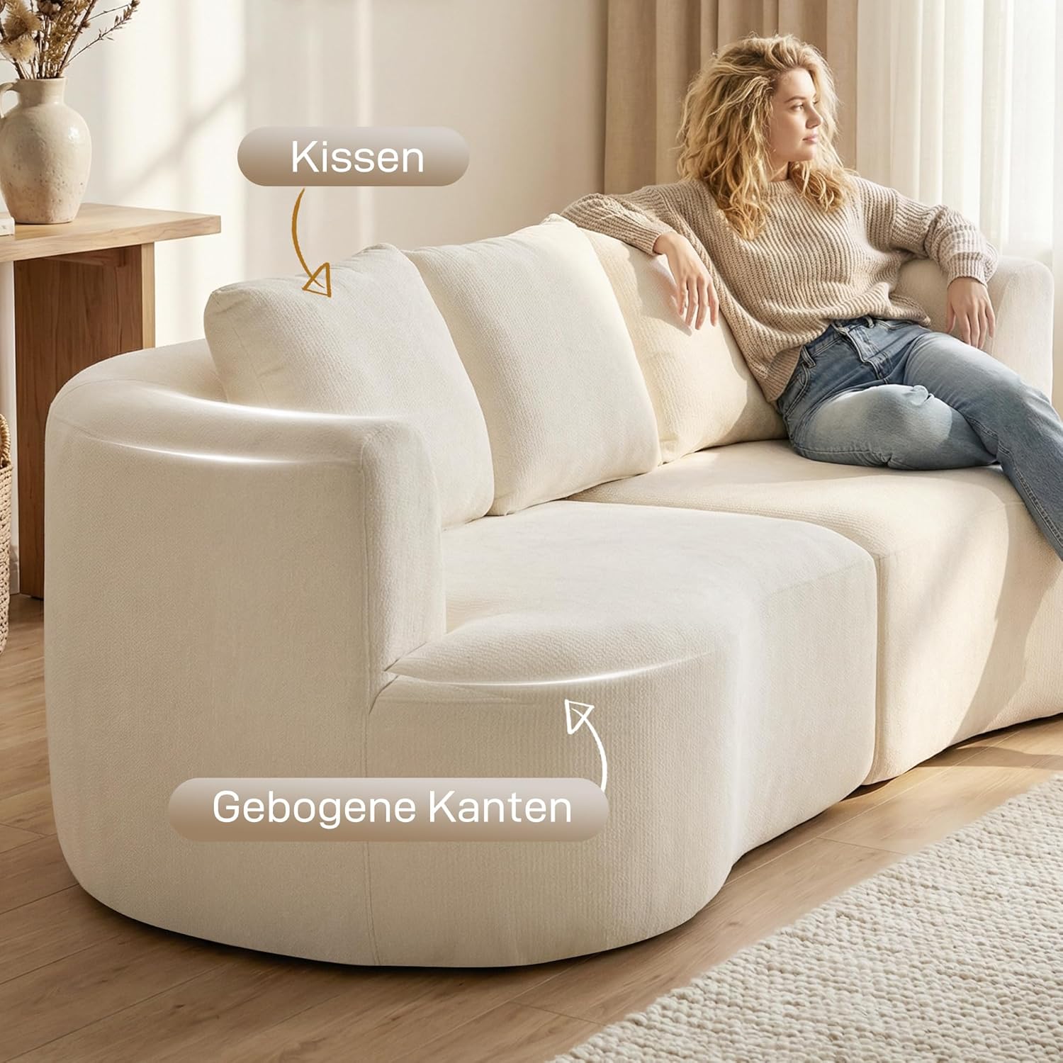 HOMCOM 3-Sitzer Sofa, 260cm Couch im Wolken-Design Gepolstert Loungesofa mit 3 Lendenkissen, Breite Armlehnen und Sitzfläche, Polstersofa mit Chenilleoptik für Wohnzimmer, Schlafzimmer, Cremeweiß — Ansicht 6