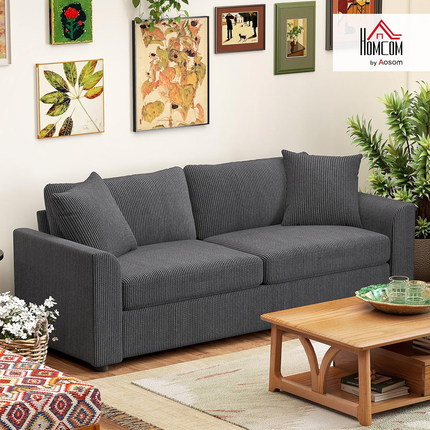 HOMCOM 3-Sitzer-Sofa, Couch mit Armlehnen, Zierkissen, Polstersofa mit Cordbezug, dick gepolstert, Loungesofa, bis 450 kg belastbar, für Wohnzimmer, Schlafzimmer, 212 x 80 x 88 cm, Dunkelgrau — Ansicht 2