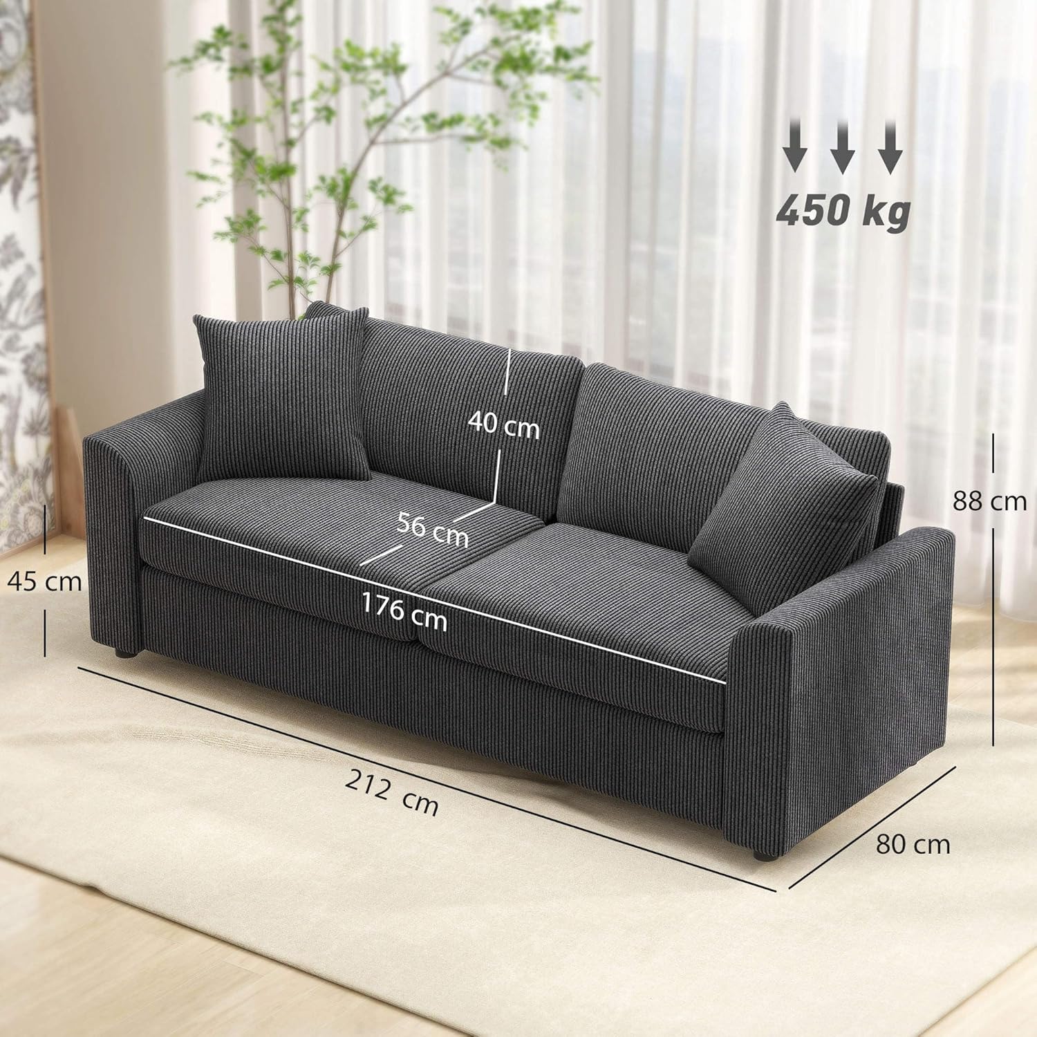 HOMCOM 3-Sitzer-Sofa, Couch mit Armlehnen, Zierkissen, Polstersofa mit Cordbezug, dick gepolstert, Loungesofa, bis 450 kg belastbar, für Wohnzimmer, Schlafzimmer, 212 x 80 x 88 cm, Dunkelgrau — Ansicht 3