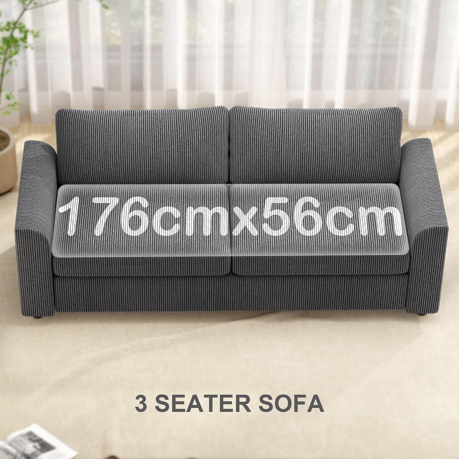 HOMCOM 3-Sitzer-Sofa, Couch mit Armlehnen, Zierkissen, Polstersofa mit Cordbezug, dick gepolstert, Loungesofa, bis 450 kg belastbar, für Wohnzimmer, Schlafzimmer, 212 x 80 x 88 cm, Dunkelgrau — Ansicht 4
