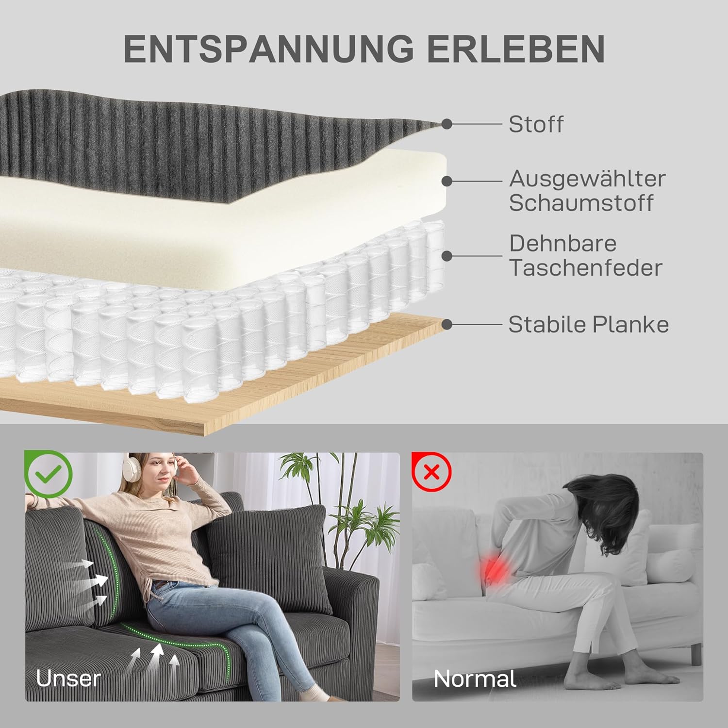 HOMCOM 3-Sitzer-Sofa, Couch mit Armlehnen, Zierkissen, Polstersofa mit Cordbezug, dick gepolstert, Loungesofa, bis 450 kg belastbar, für Wohnzimmer, Schlafzimmer, 212 x 80 x 88 cm, Dunkelgrau — Ansicht 5