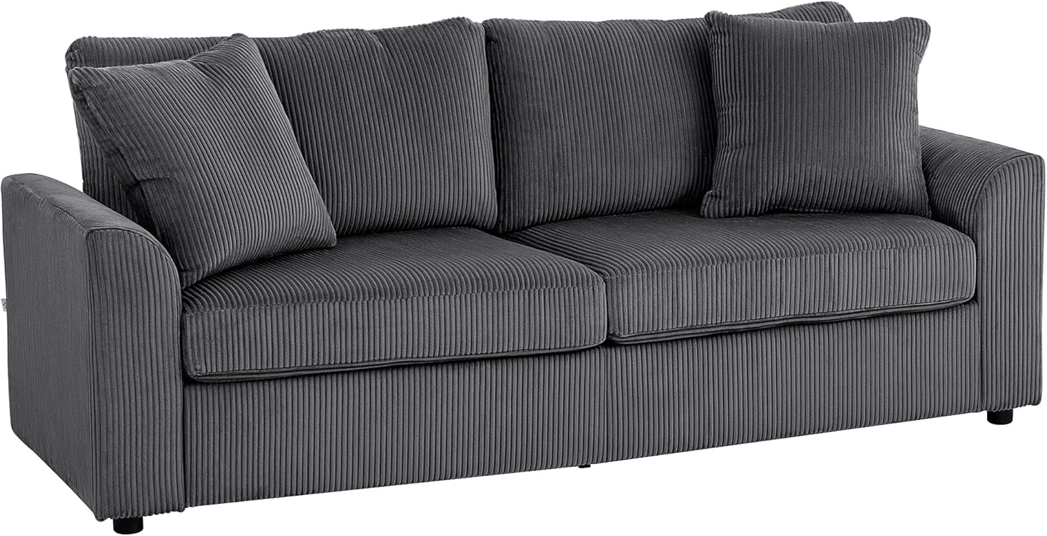 HOMCOM 3-Sitzer-Sofa, Couch mit Armlehnen, Zierkissen, Polstersofa mit Cordbezug, dick gepolstert, Loungesofa, bis 450 kg belastbar, für Wohnzimmer, Schlafzimmer, 212 x 80 x 88 cm, Dunkelgrau