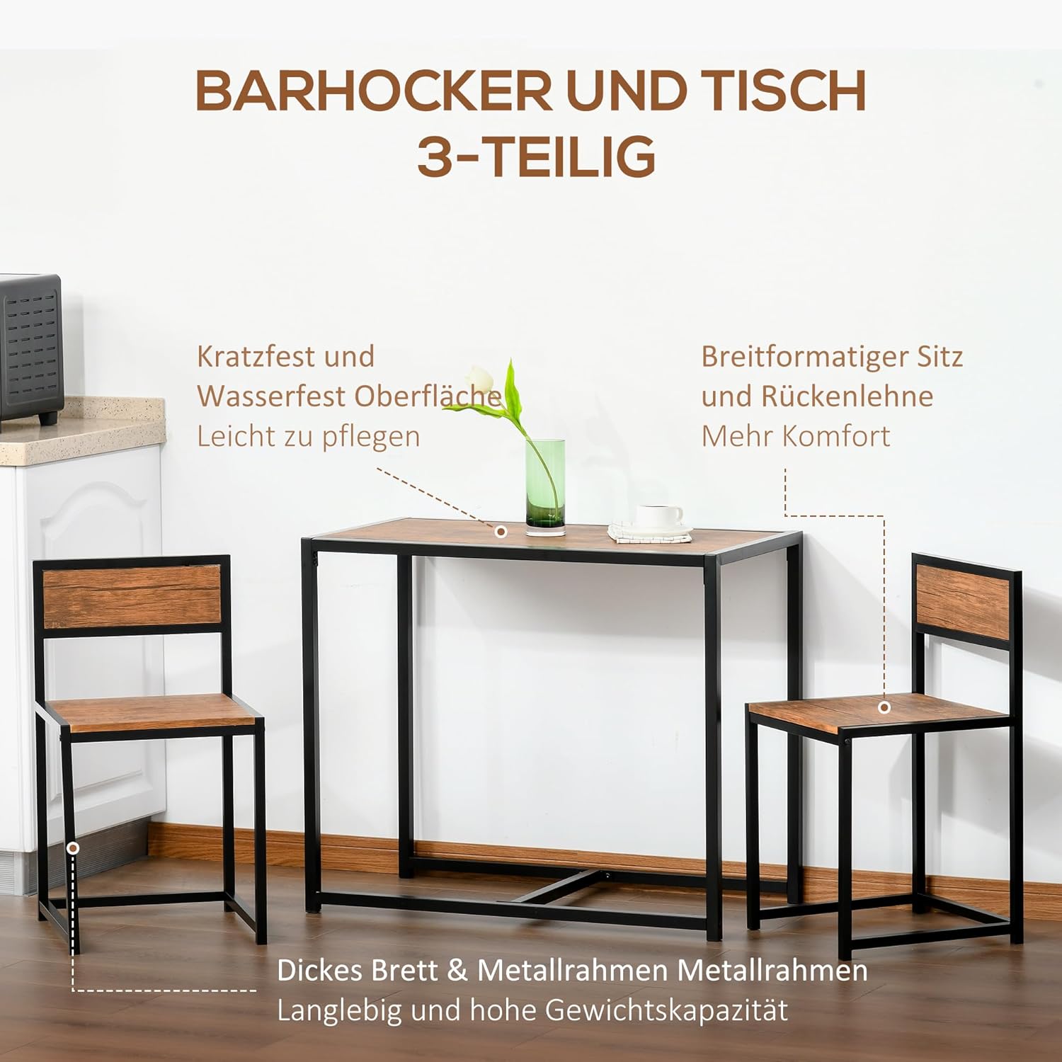 HOMCOM 3-TLG. Essgruppe, Küchentisch mit 2 Stühlen, Esstisch Set, Esszimmergruppe, Esstisch für Esszimmer, Küche, Metall, Natur — Ansicht 3