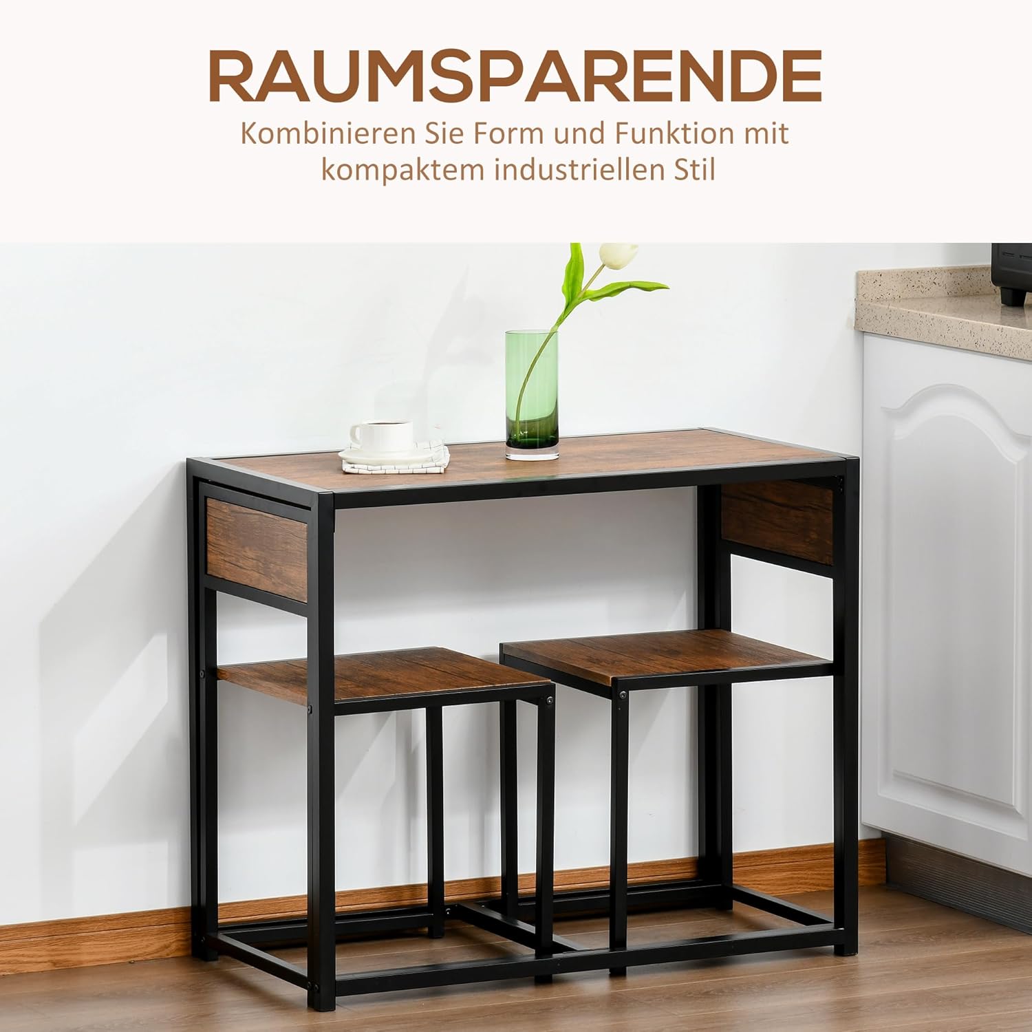 HOMCOM 3-TLG. Essgruppe, Küchentisch mit 2 Stühlen, Esstisch Set, Esszimmergruppe, Esstisch für Esszimmer, Küche, Metall, Natur — Ansicht 4