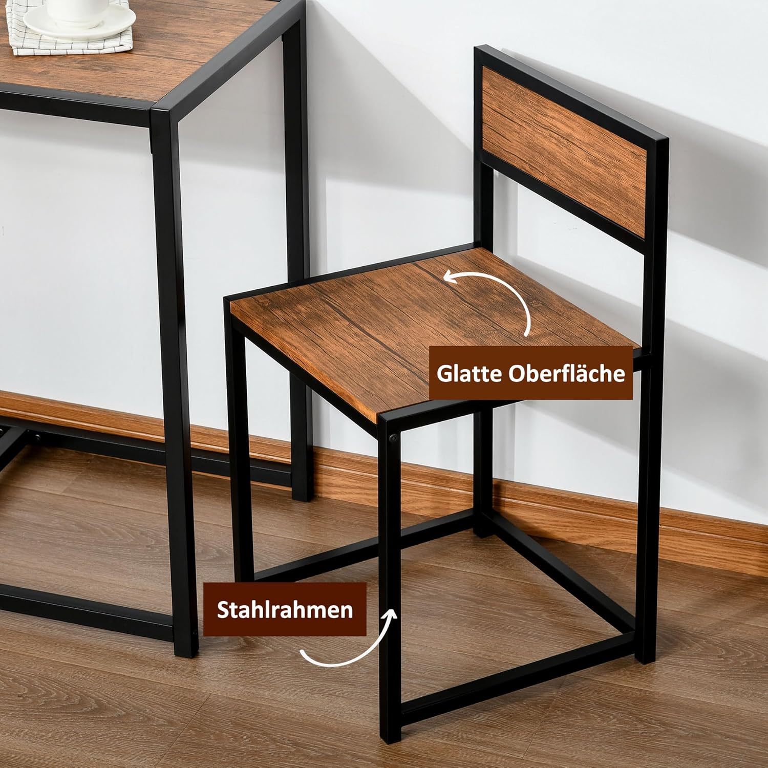 HOMCOM 3-TLG. Essgruppe, Küchentisch mit 2 Stühlen, Esstisch Set, Esszimmergruppe, Esstisch für Esszimmer, Küche, Metall, Natur — Ansicht 5