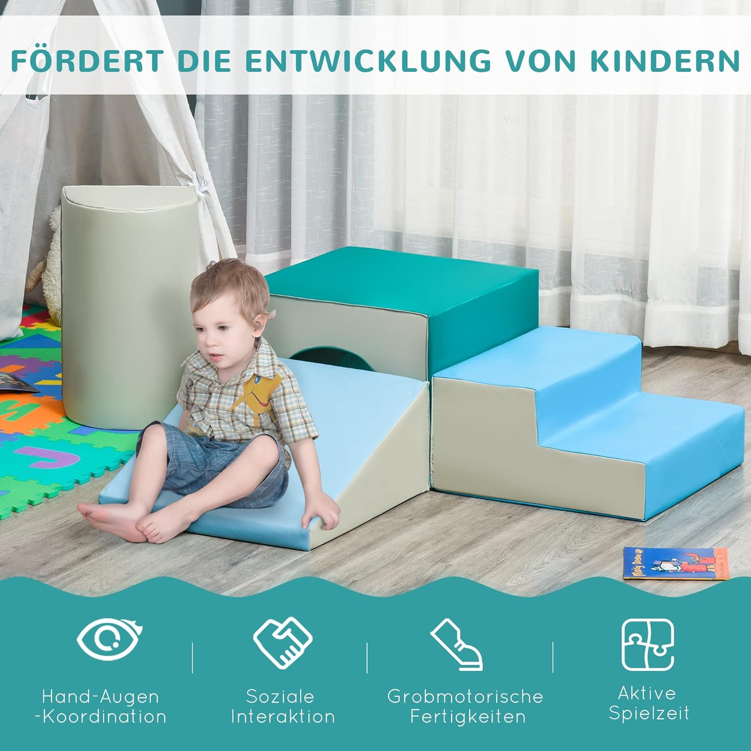 HOMCOM 4 TLG. Schaumstoff Bausteine Kinder Softbausteine Klettern Bauklötze Weiche Schaumstoffbausteine Riesenbausteine Bauspielzeug Grossbausteine Bausteinset für Baby & Kleinkinder Hellgrau — Ansicht 3