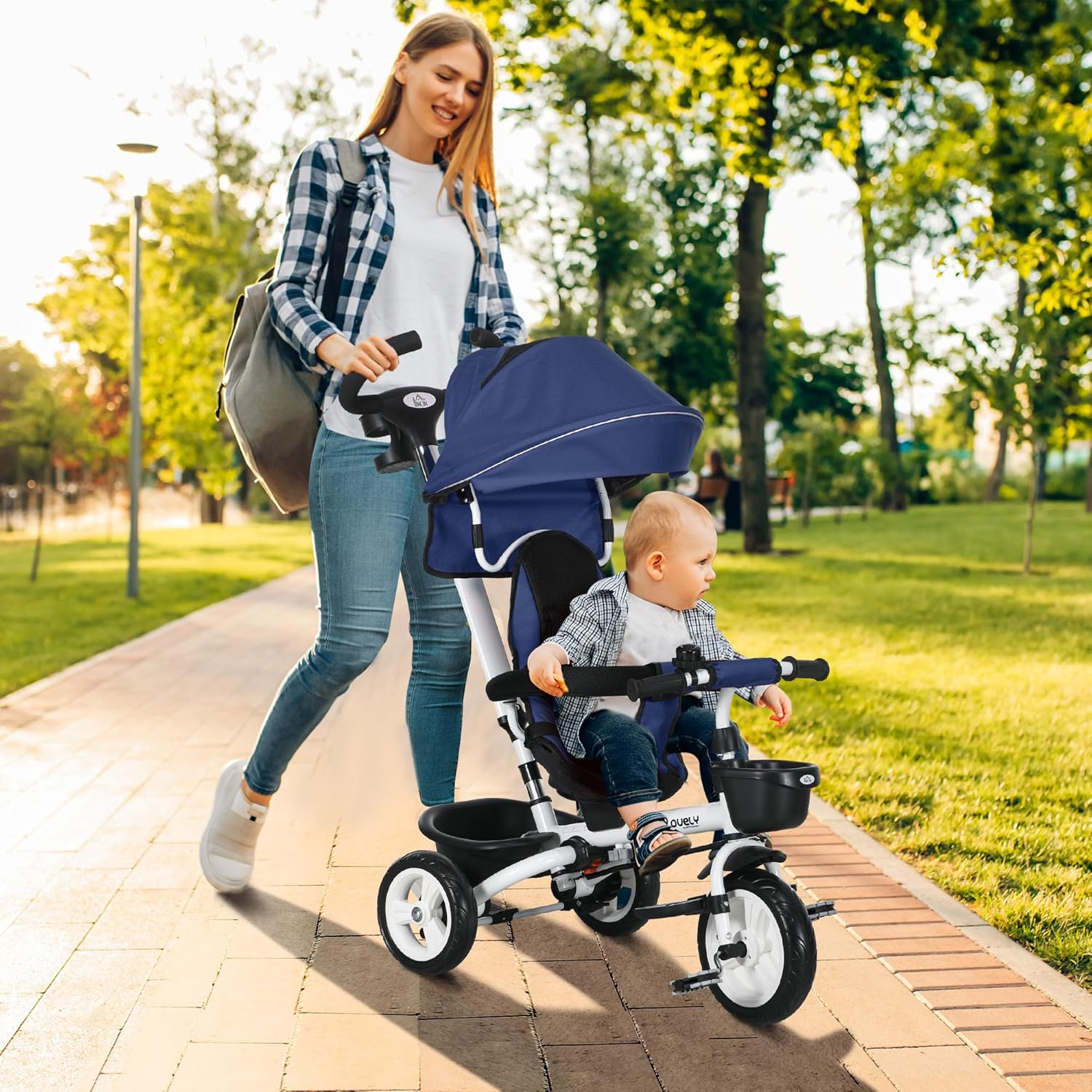 HOMCOM 6 in 1 Dreirad mit Schubstange, Faltbar, Kinderdreirad mit Sicherheitsgurt, Abnehmbar Sonnendach, Korb, Getränkehalter, Pedal, für 1-5 Jahre Kinder, bis 25 kg, Blau — Ansicht 2