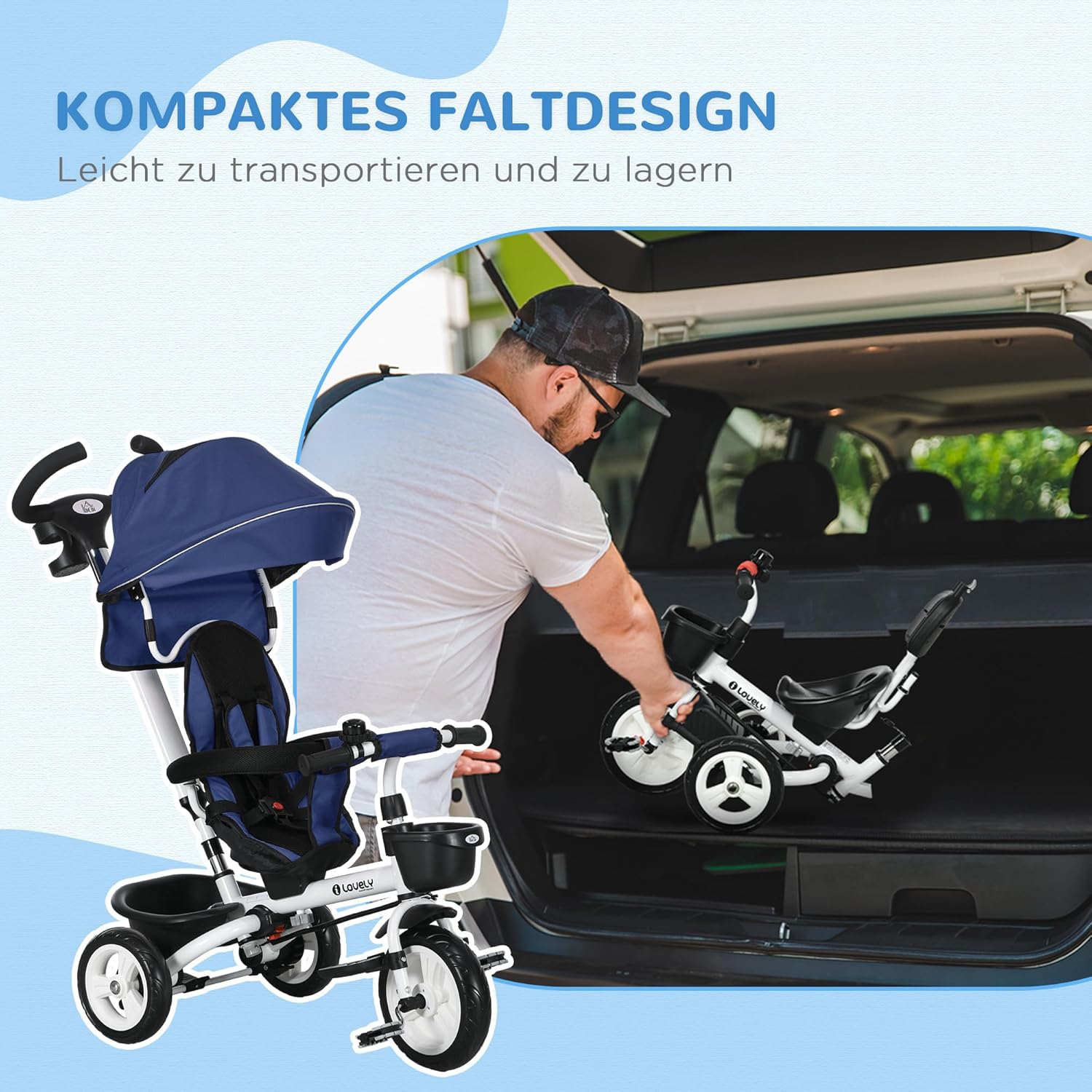 HOMCOM 6 in 1 Dreirad mit Schubstange, Faltbar, Kinderdreirad mit Sicherheitsgurt, Abnehmbar Sonnendach, Korb, Getränkehalter, Pedal, für 1-5 Jahre Kinder, bis 25 kg, Blau — Ansicht 4