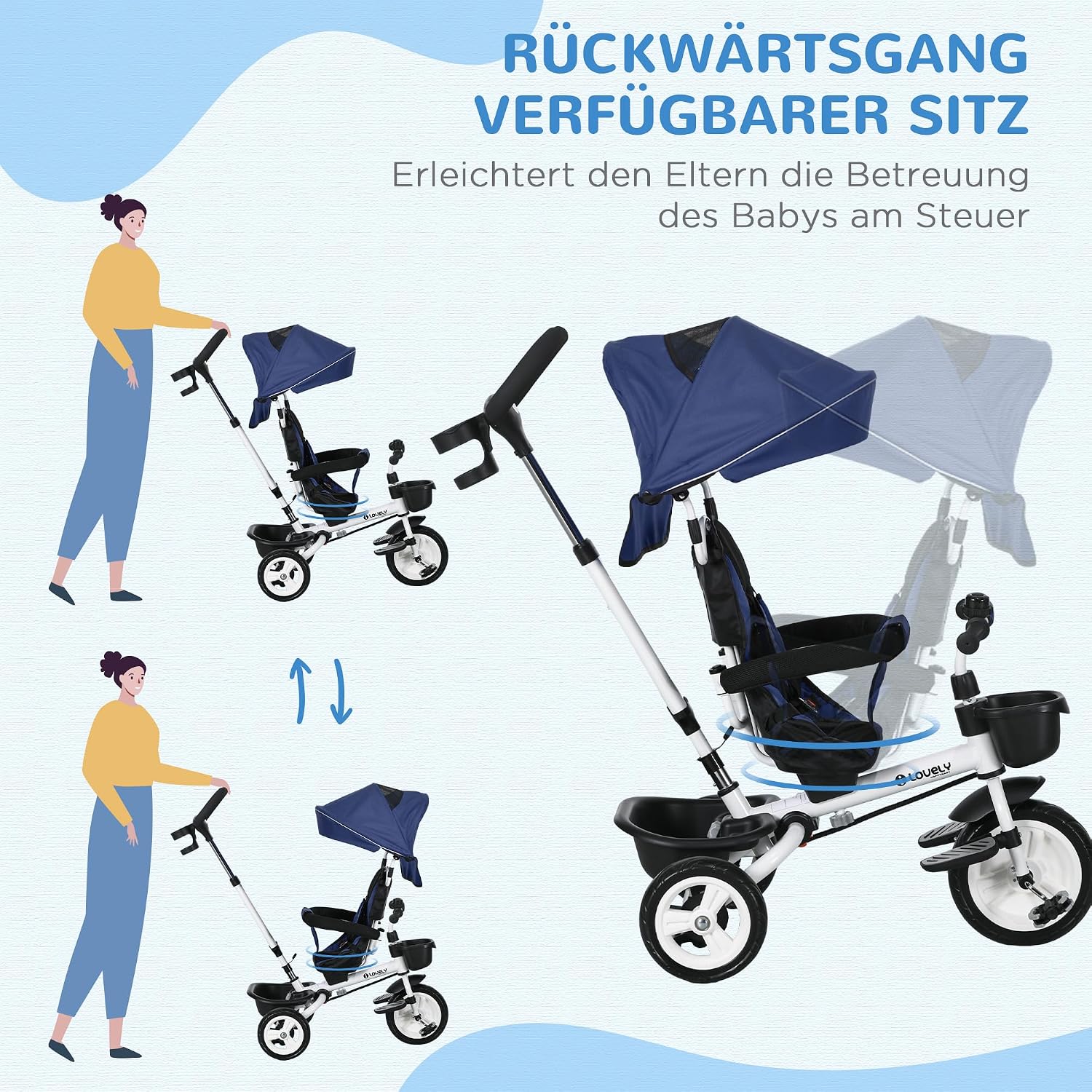 HOMCOM 6 in 1 Dreirad mit Schubstange, Faltbar, Kinderdreirad mit Sicherheitsgurt, Abnehmbar Sonnendach, Korb, Getränkehalter, Pedal, für 1-5 Jahre Kinder, bis 25 kg, Blau — Ansicht 5