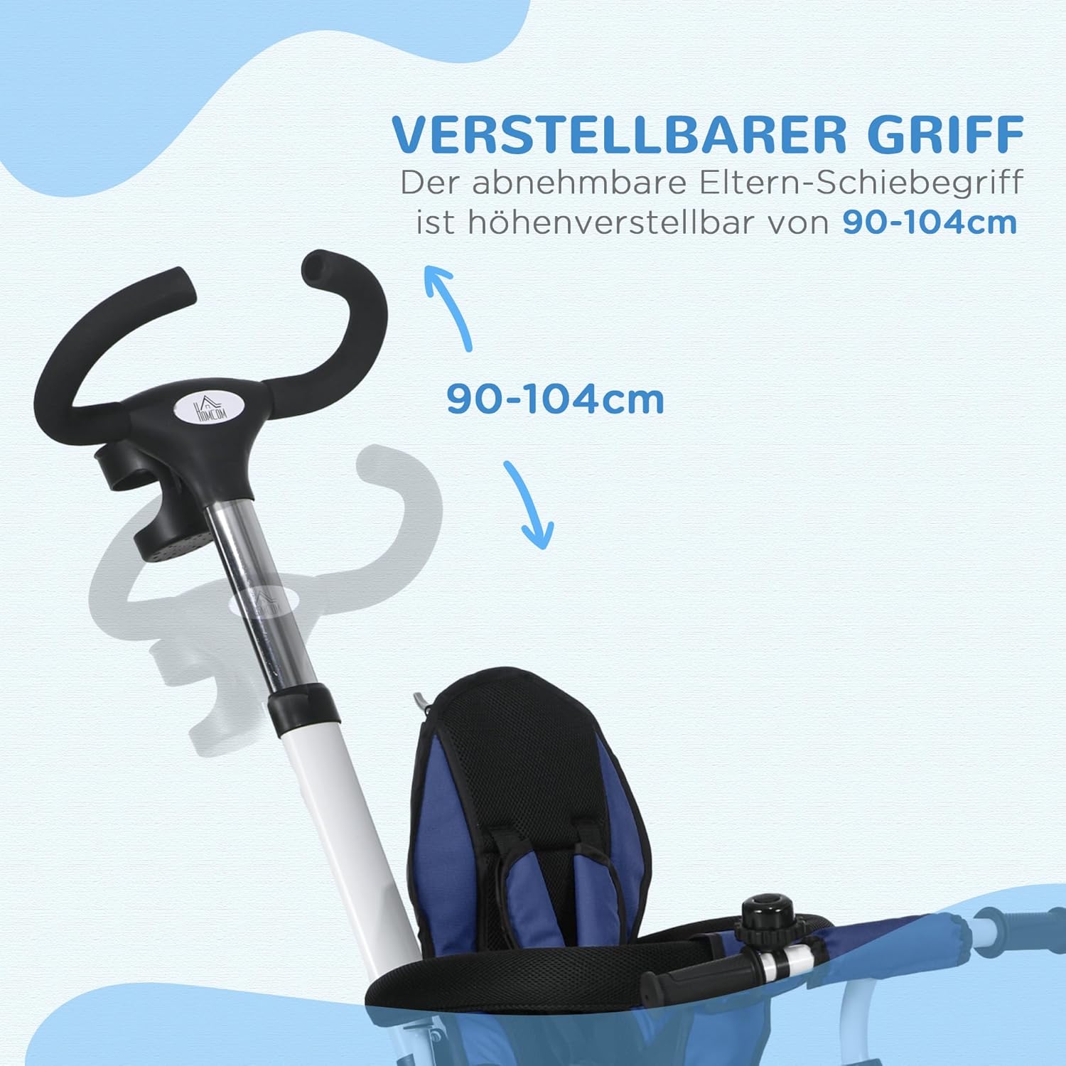 HOMCOM 6 in 1 Dreirad mit Schubstange, Faltbar, Kinderdreirad mit Sicherheitsgurt, Abnehmbar Sonnendach, Korb, Getränkehalter, Pedal, für 1-5 Jahre Kinder, bis 25 kg, Blau — Ansicht 6