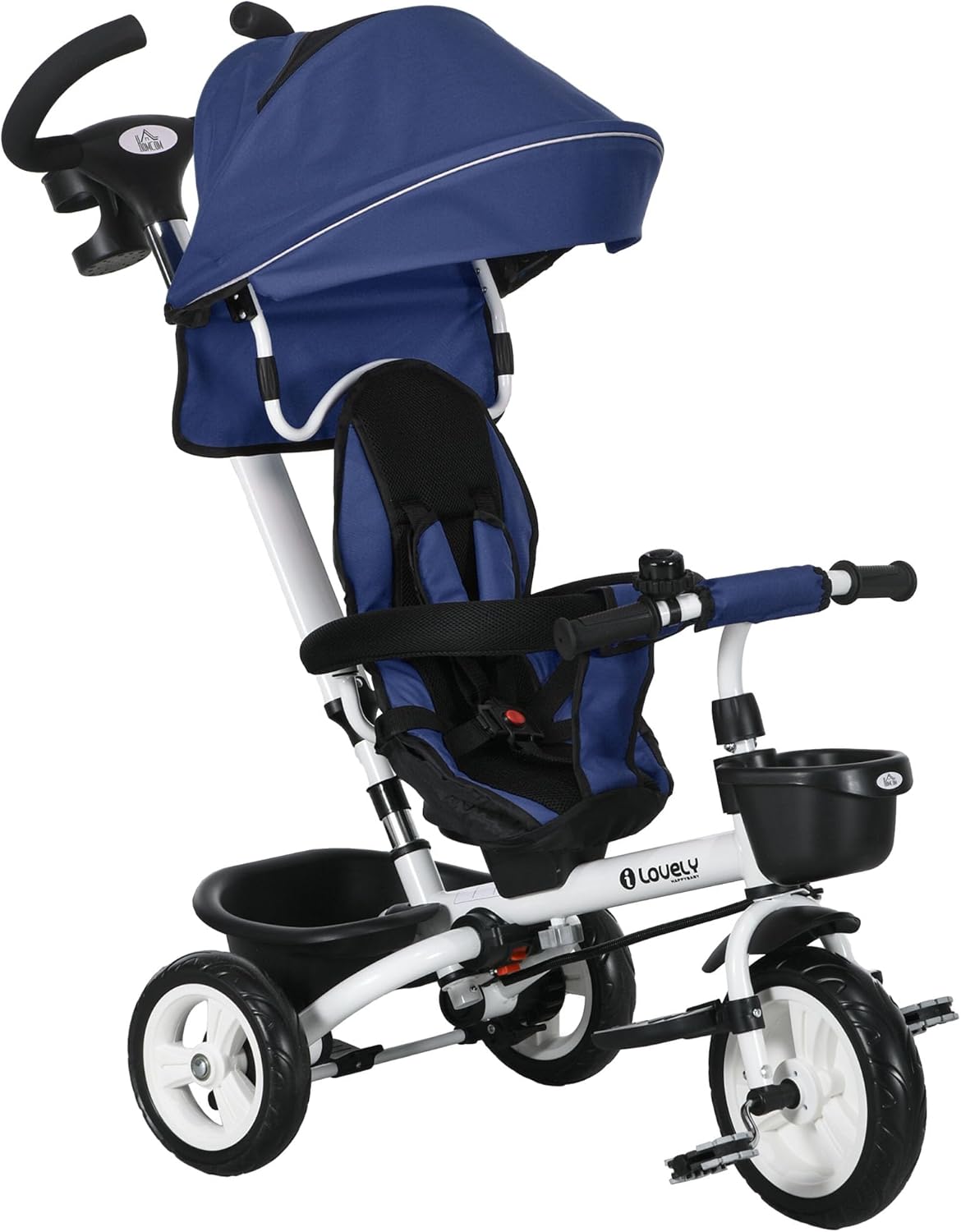 HOMCOM 6 in 1 Dreirad mit Schubstange, Faltbar, Kinderdreirad mit Sicherheitsgurt, Abnehmbar Sonnendach, Korb, Getränkehalter, Pedal, für 1-5 Jahre Kinder, bis 25 kg, Blau