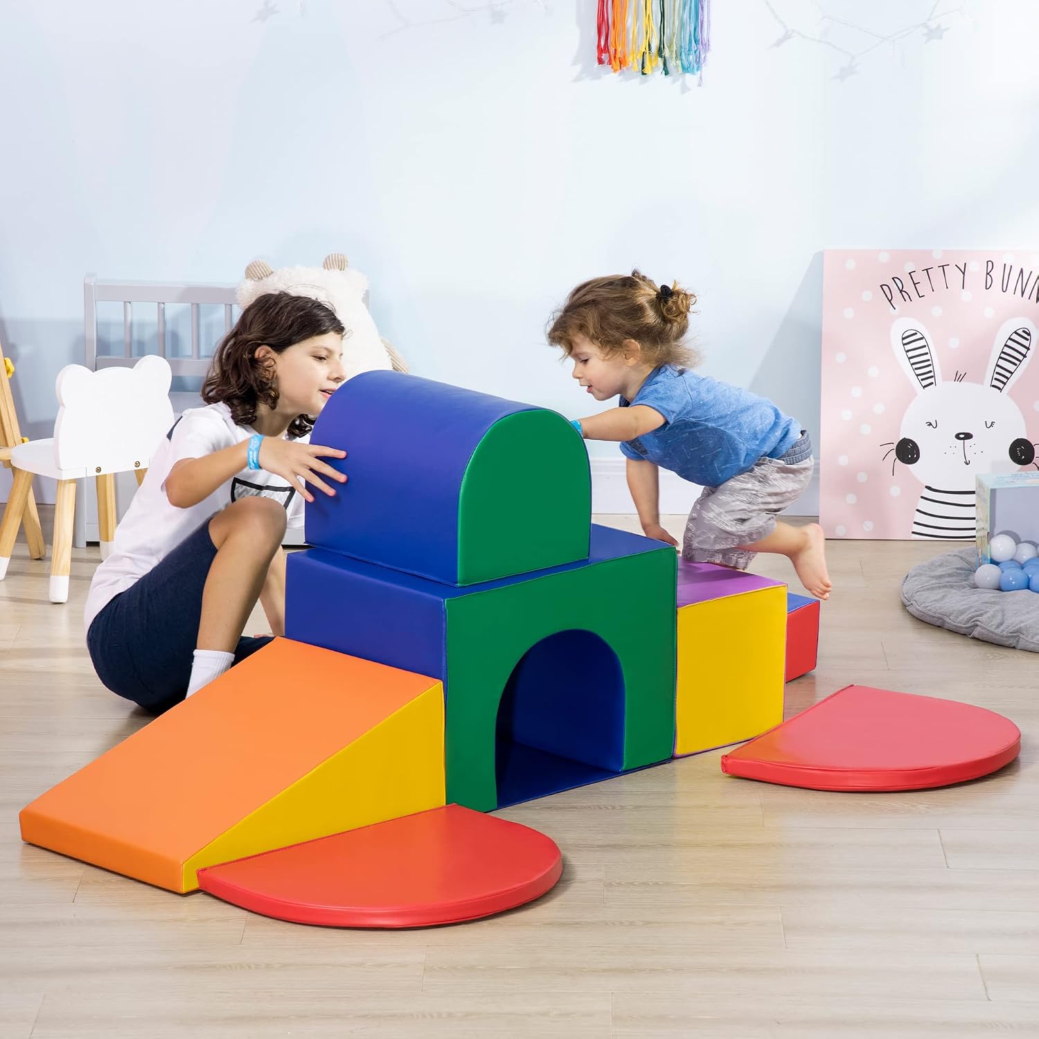 HOMCOM 7 TLG. Schaumstoff Bausteine Kinder Softbausteine Weiche Grossbausteine Schaumstoffblöcke für 1-3 Jahre alt Kinder Bausteinset Mehrfarbig — Ansicht 2