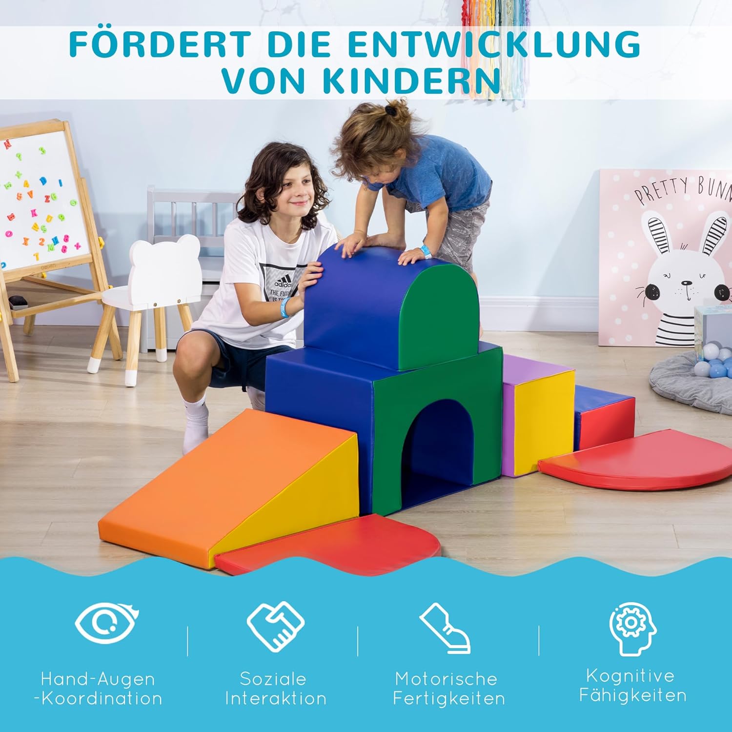 HOMCOM 7 TLG. Schaumstoff Bausteine Kinder Softbausteine Weiche Grossbausteine Schaumstoffblöcke für 1-3 Jahre alt Kinder Bausteinset Mehrfarbig — Ansicht 3