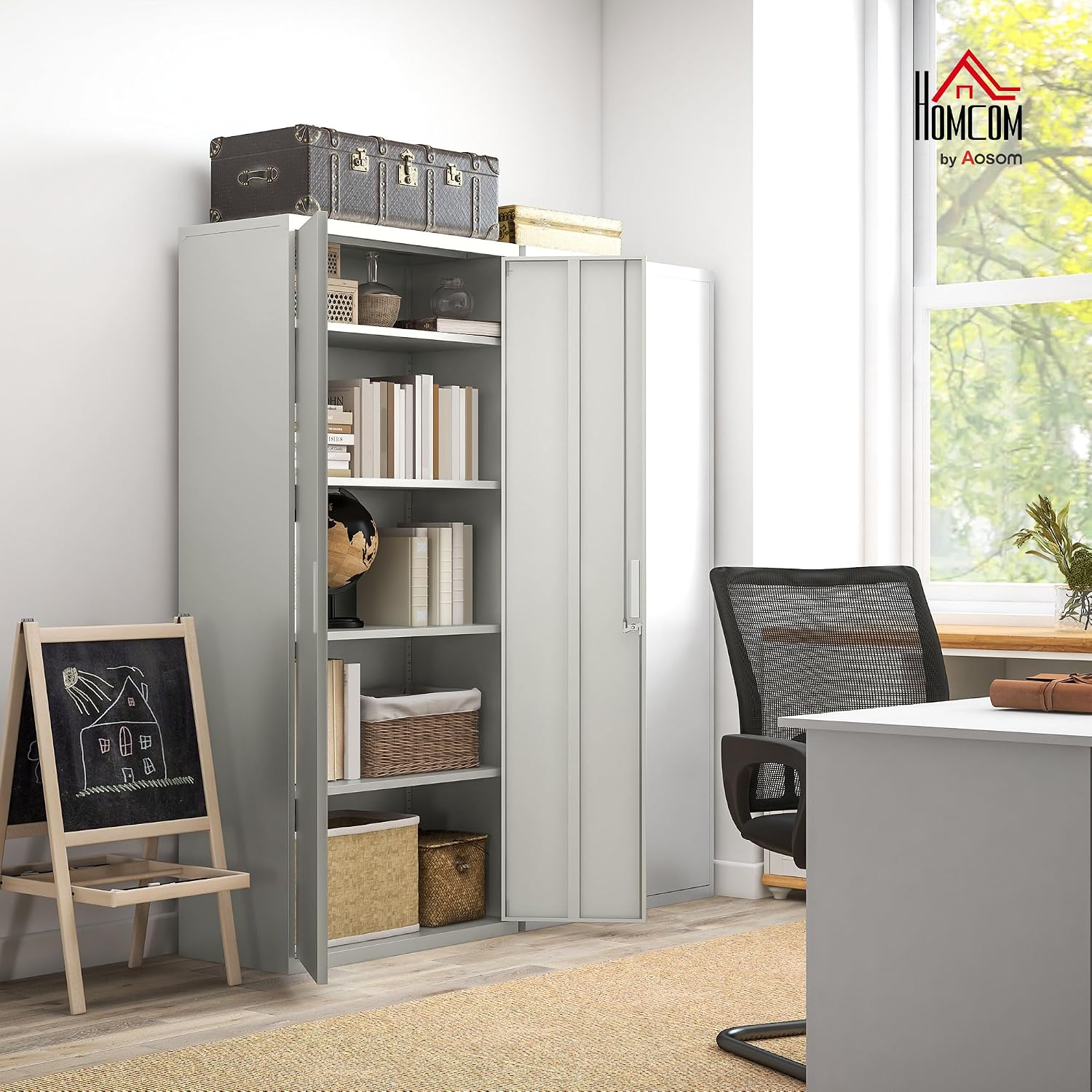 HOMCOM Aktenschrank, Büroschrank mit 2 Türen, 5 Ebenen Mehrzweckschrank mit Verstellbarer Ablage, Aufbewahrungsschrank aus Stahl, für Arbeitszimmer, Wohnzimmer, Weiß — Ansicht 2