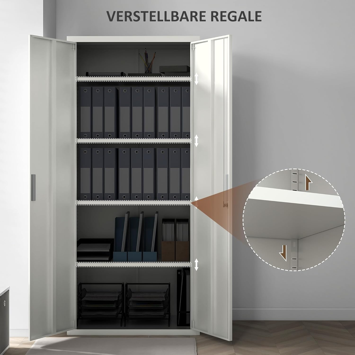 HOMCOM Aktenschrank, Büroschrank mit 2 Türen, 5 Ebenen Mehrzweckschrank mit Verstellbarer Ablage, Aufbewahrungsschrank aus Stahl, für Arbeitszimmer, Wohnzimmer, Weiß — Ansicht 4