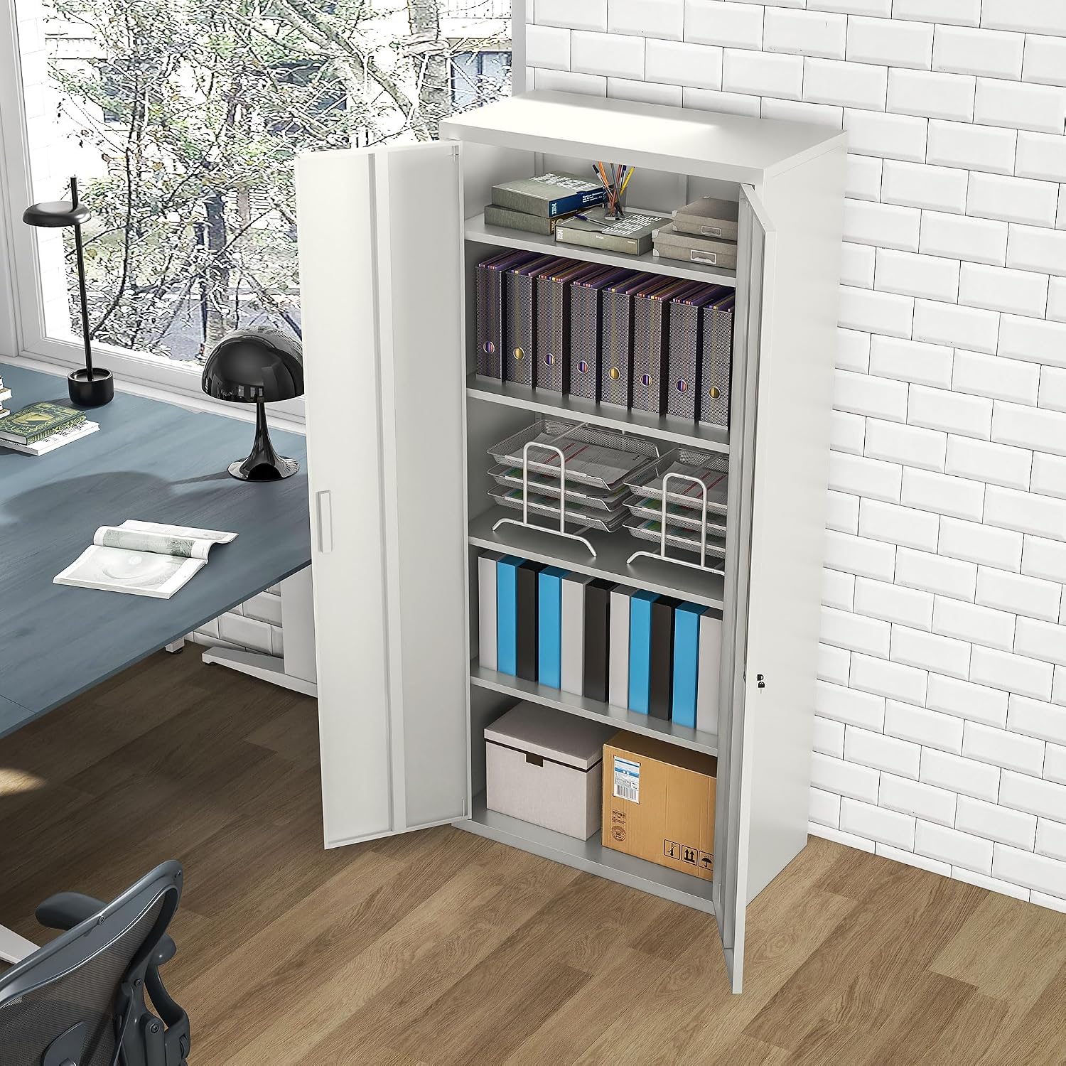 HOMCOM Aktenschrank, Büroschrank mit 2 Türen, 5 Ebenen Mehrzweckschrank mit Verstellbarer Ablage, Aufbewahrungsschrank aus Stahl, für Arbeitszimmer, Wohnzimmer, Weiß — Ansicht 6