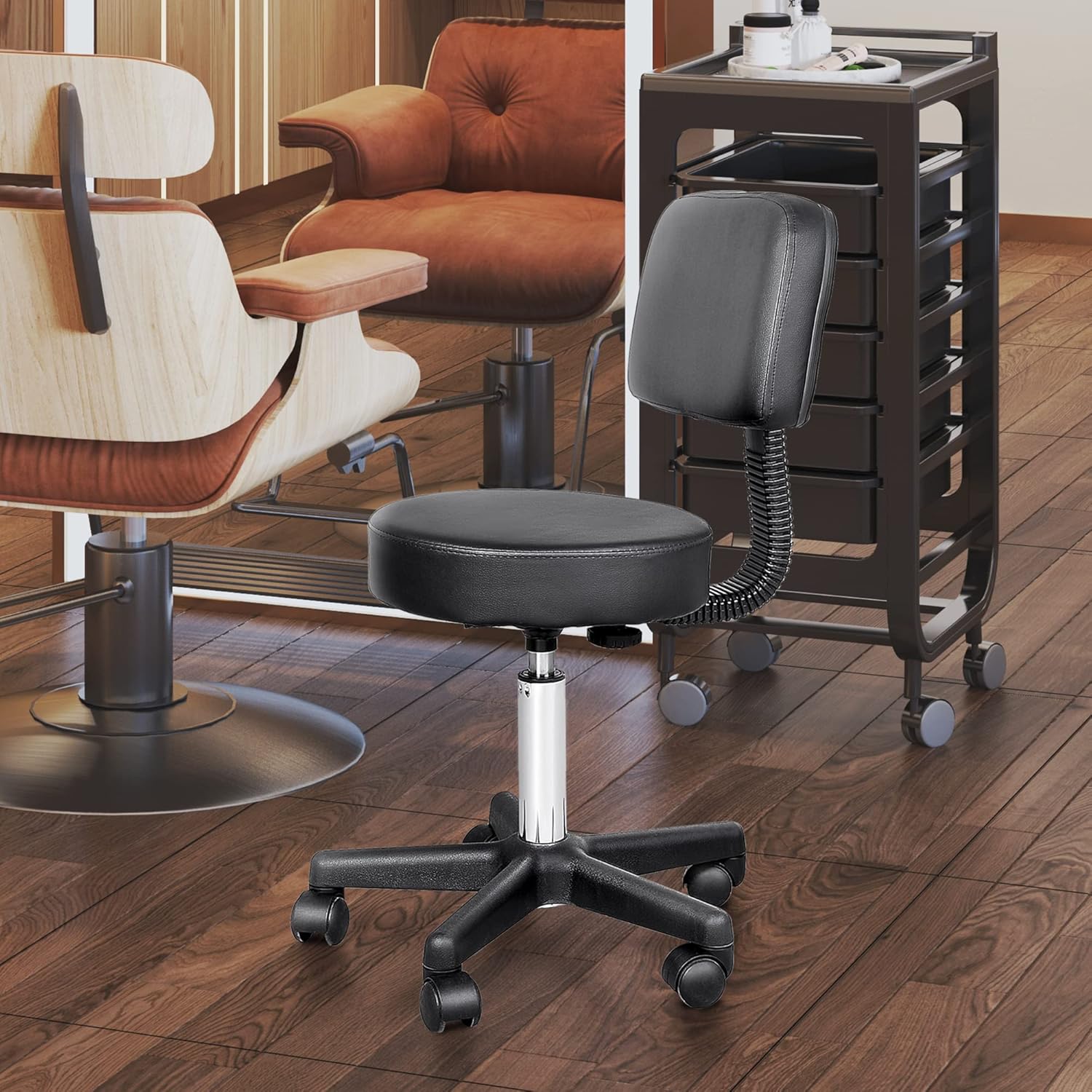 HOMCOM Arbeitshocker Rollhocker Drehhocker höhenverstellbar mit Lehne Büro Schwarz Φ35 x H77-89cm — Ansicht 2
