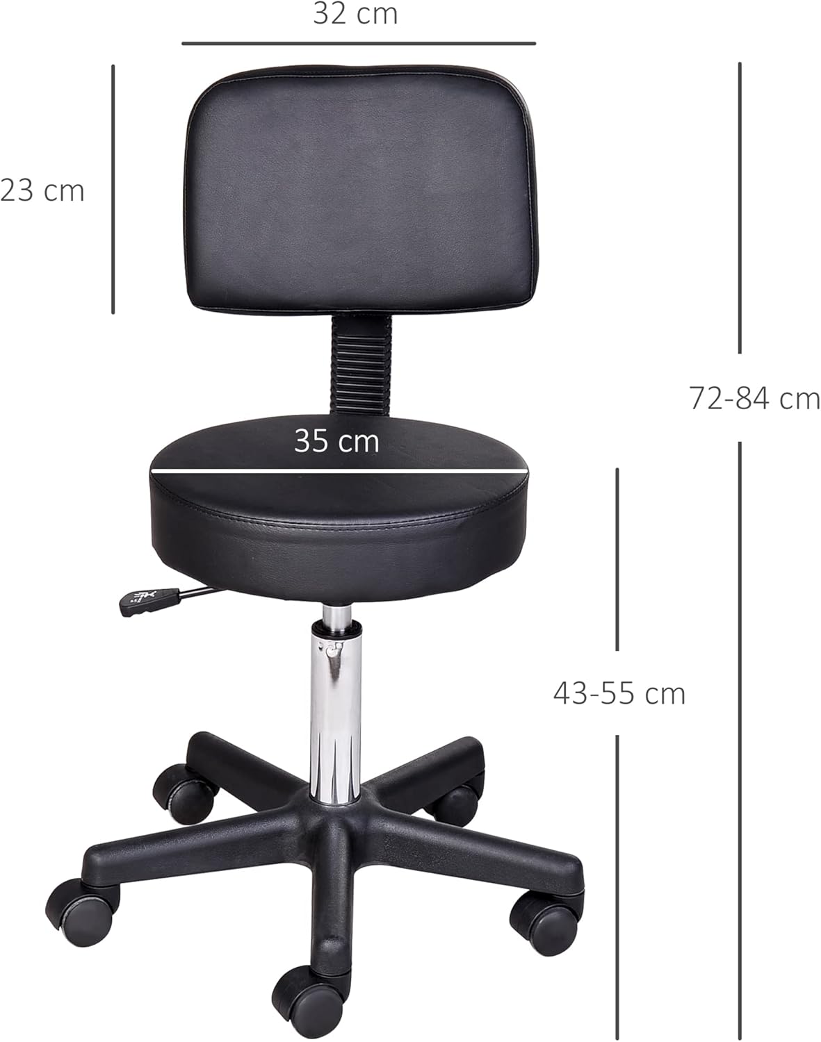 HOMCOM Arbeitshocker Rollhocker Drehhocker höhenverstellbar mit Lehne Büro Schwarz Φ35 x H77-89cm — Ansicht 3