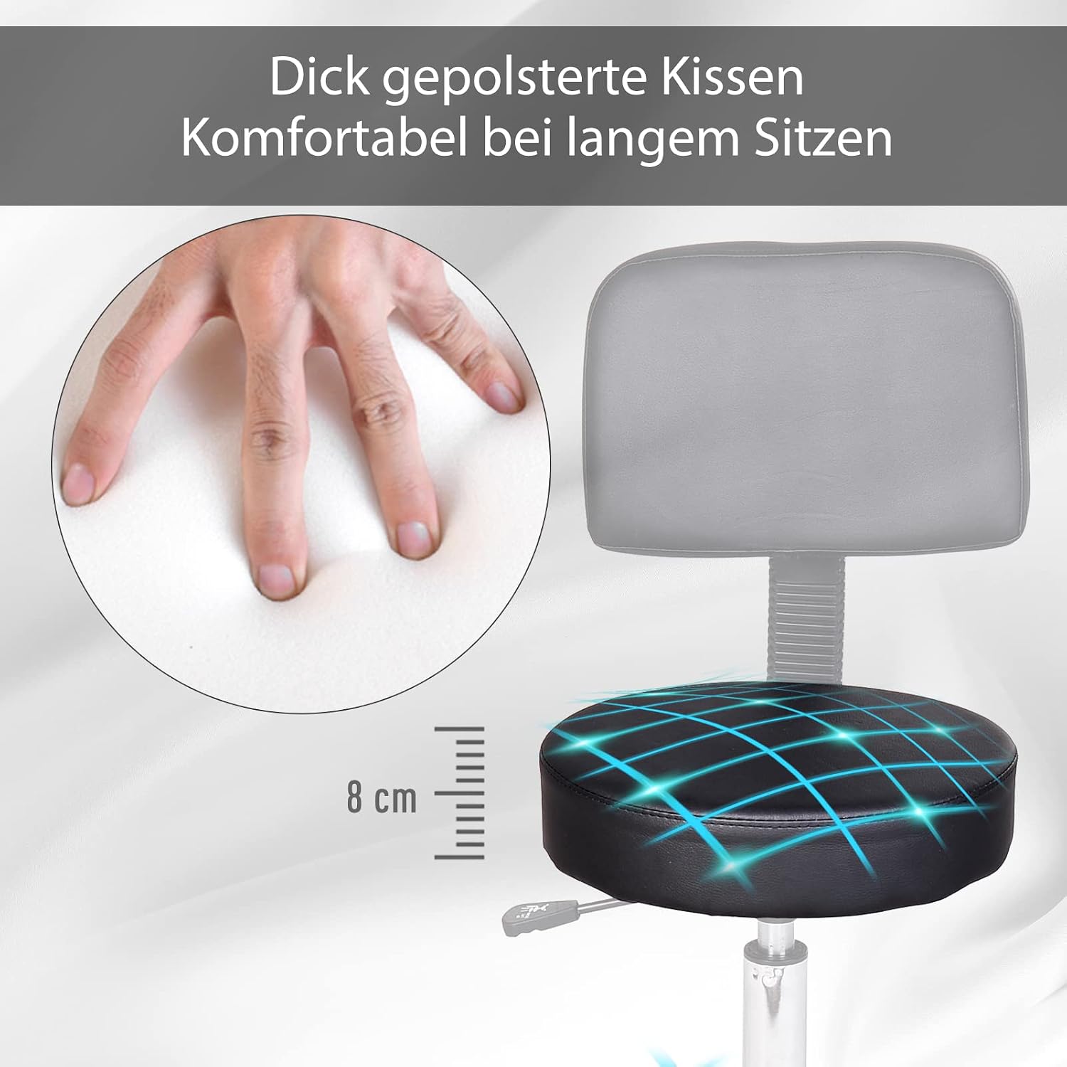 HOMCOM Arbeitshocker Rollhocker Drehhocker höhenverstellbar mit Lehne Büro Schwarz Φ35 x H77-89cm — Ansicht 5
