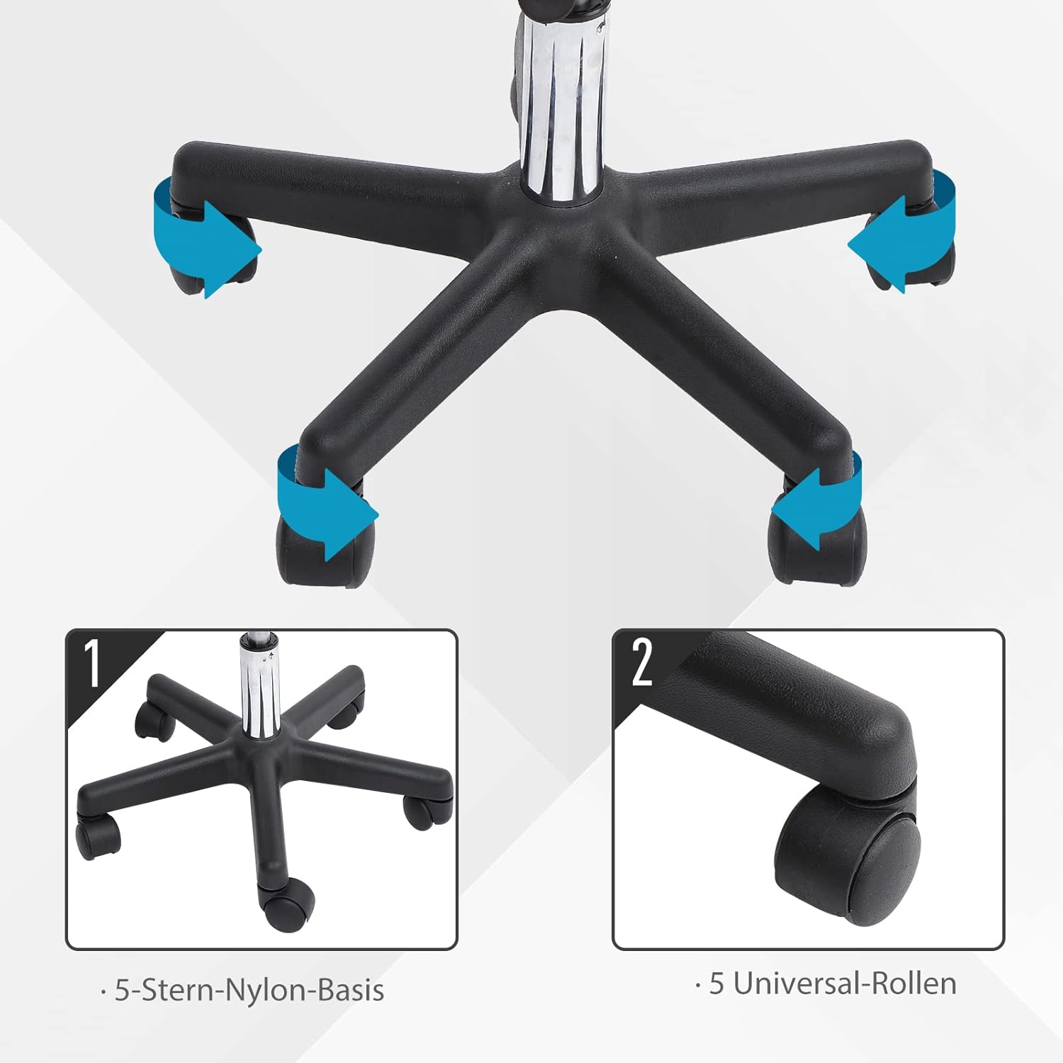 HOMCOM Arbeitshocker Rollhocker Drehhocker höhenverstellbar mit Lehne Büro Schwarz Φ35 x H77-89cm — Ansicht 6