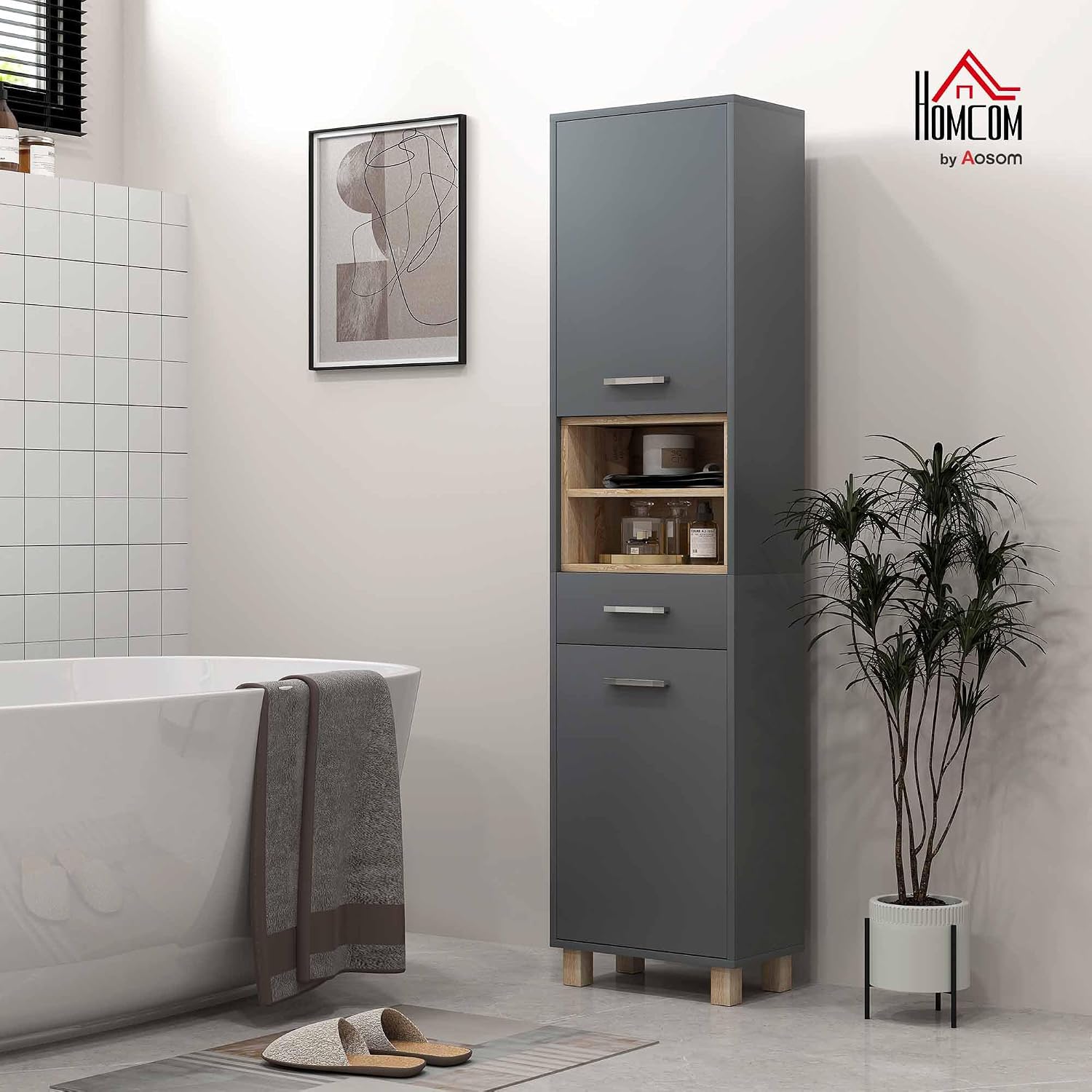 HOMCOM Badezimmerschrank, Aufbewahrungsschrank mit 2 Türen, Schublade und 2 offenen Regalen, Hochschrank für Küche, Wohnzimmer, 40 x 24 x 160 cm, Grau — Ansicht 2