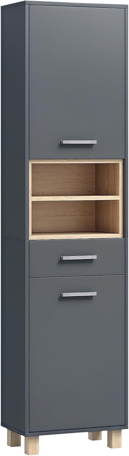 HOMCOM Badezimmerschrank, Aufbewahrungsschrank mit 2 Türen, Schublade und 2 offenen Regalen, Hochschrank für Küche, Wohnzimmer, 40 x 24 x 160 cm, Grau