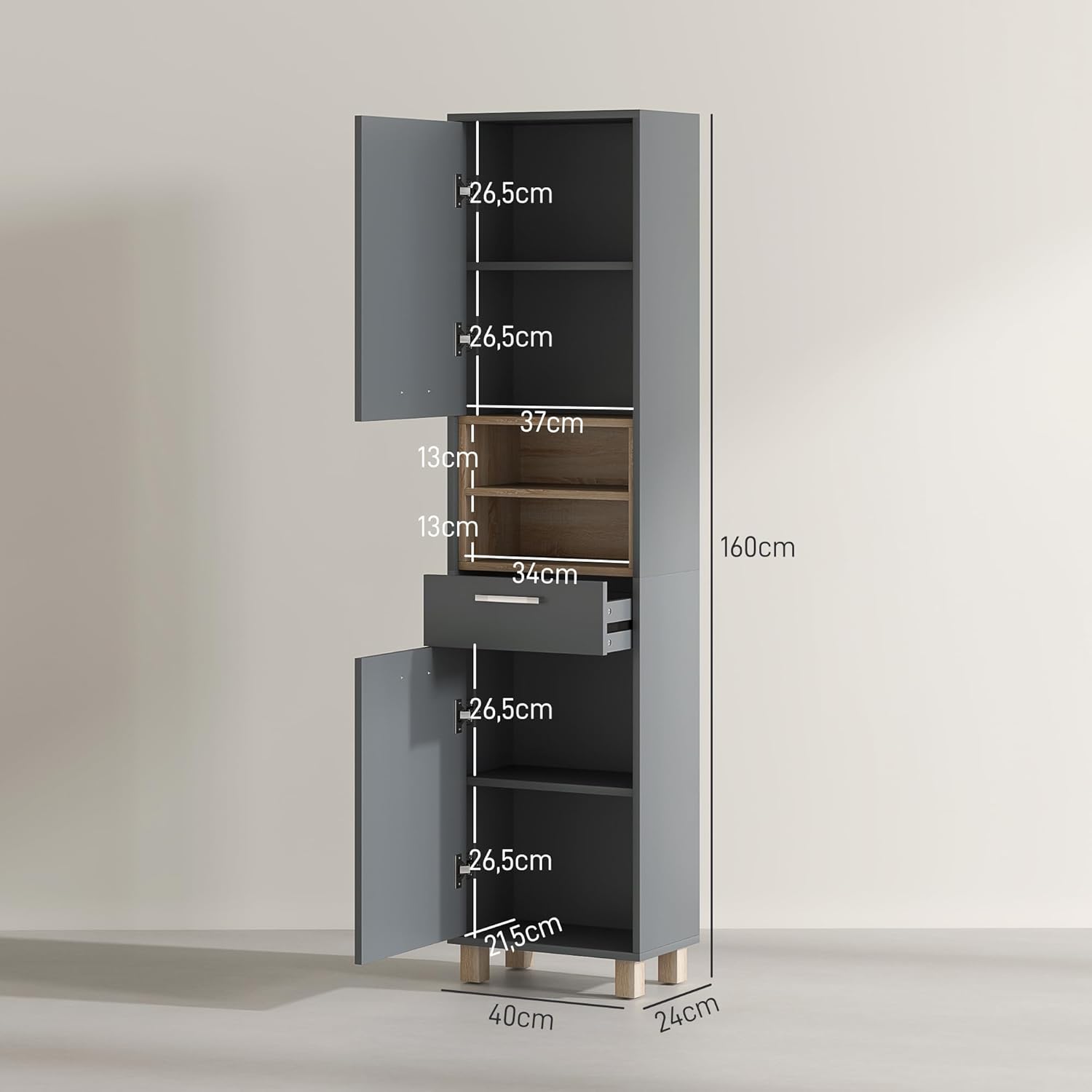 HOMCOM Badezimmerschrank, Aufbewahrungsschrank mit 2 Türen, Schublade und 2 offenen Regalen, Hochschrank für Küche, Wohnzimmer, 40 x 24 x 160 cm, Grau — Ansicht 3