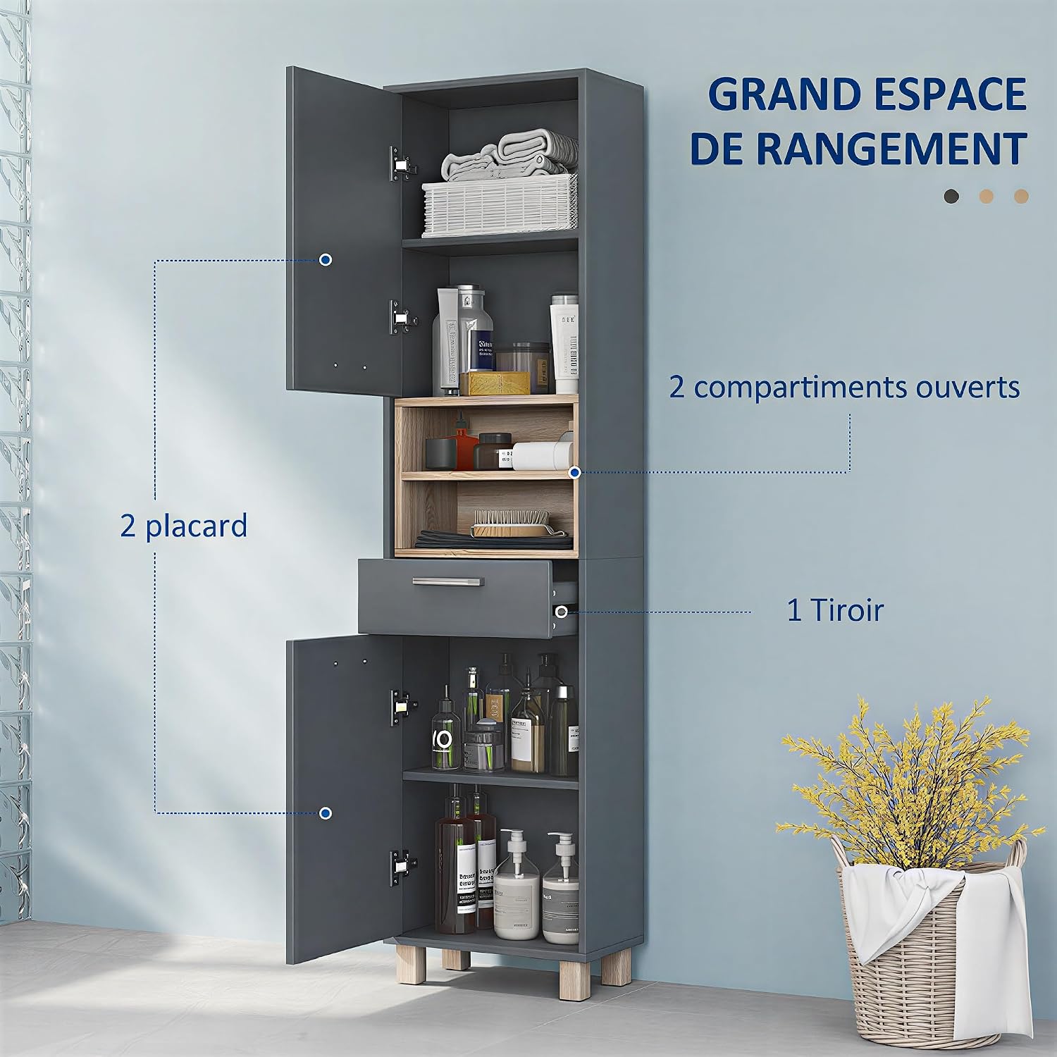 HOMCOM Badezimmerschrank, Aufbewahrungsschrank mit 2 Türen, Schublade und 2 offenen Regalen, Hochschrank für Küche, Wohnzimmer, 40 x 24 x 160 cm, Grau — Ansicht 4