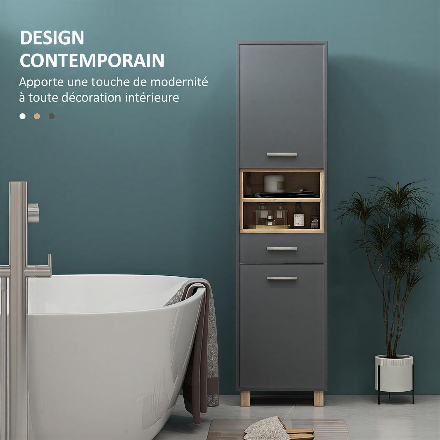 HOMCOM Badezimmerschrank, Aufbewahrungsschrank mit 2 Türen, Schublade und 2 offenen Regalen, Hochschrank für Küche, Wohnzimmer, 40 x 24 x 160 cm, Grau — Ansicht 5