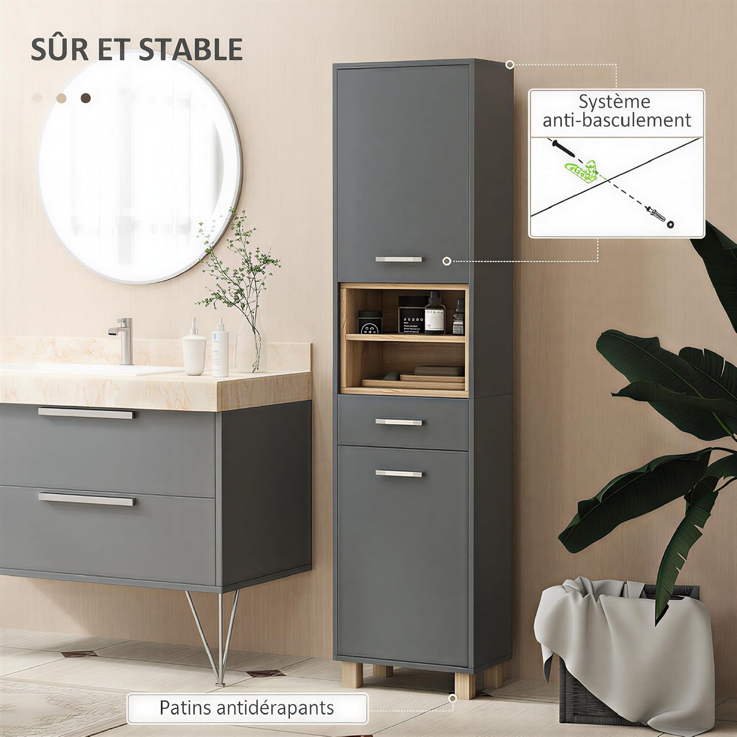 HOMCOM Badezimmerschrank, Aufbewahrungsschrank mit 2 Türen, Schublade und 2 offenen Regalen, Hochschrank für Küche, Wohnzimmer, 40 x 24 x 160 cm, Grau — Ansicht 6
