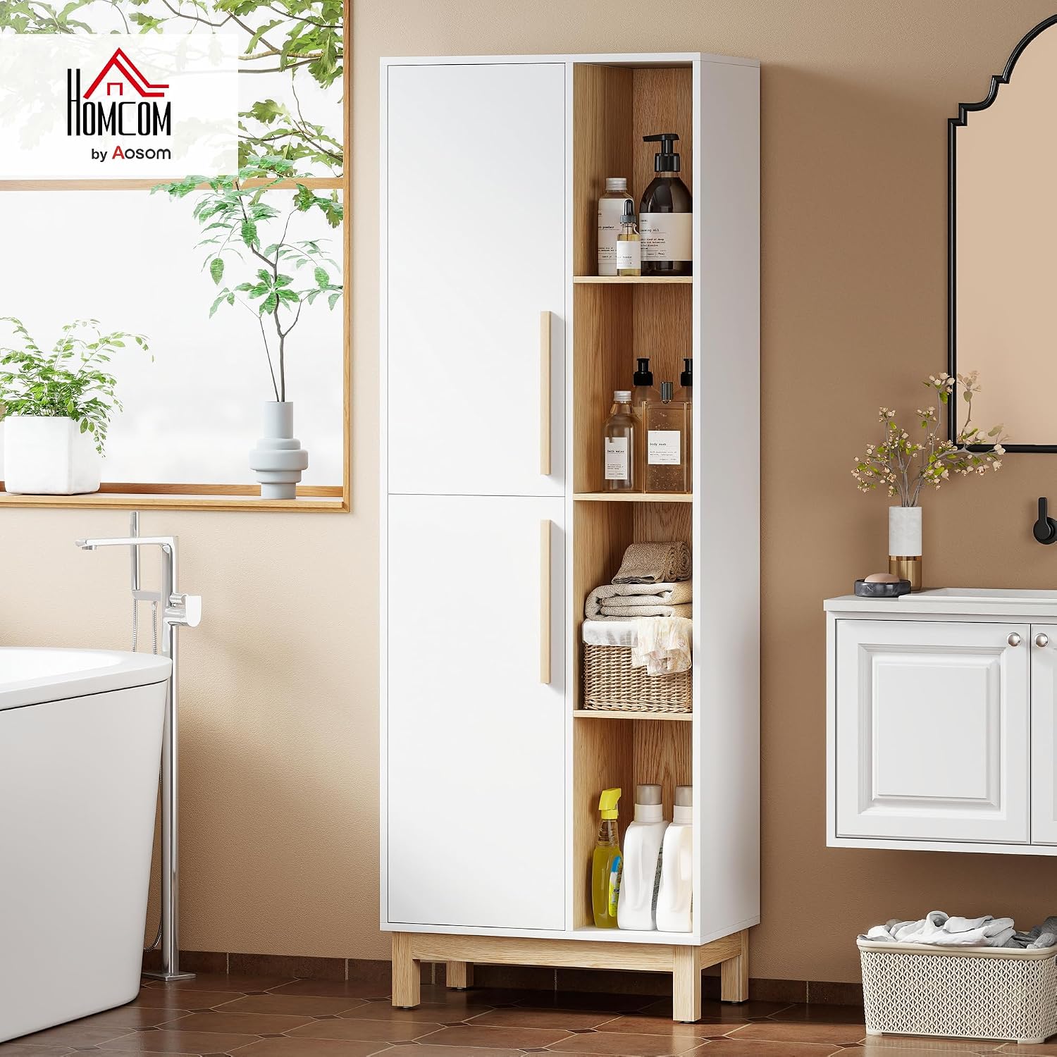 HOMCOM Badezimmerschrank Hochschrank, mit 2 Türen, 4 Offenen Ebenen und verstellbaren Regalen, Badschrank für Badezimmer, Wohnzimmer 62,5 x 35 x 176 cm, Weiß — Ansicht 2