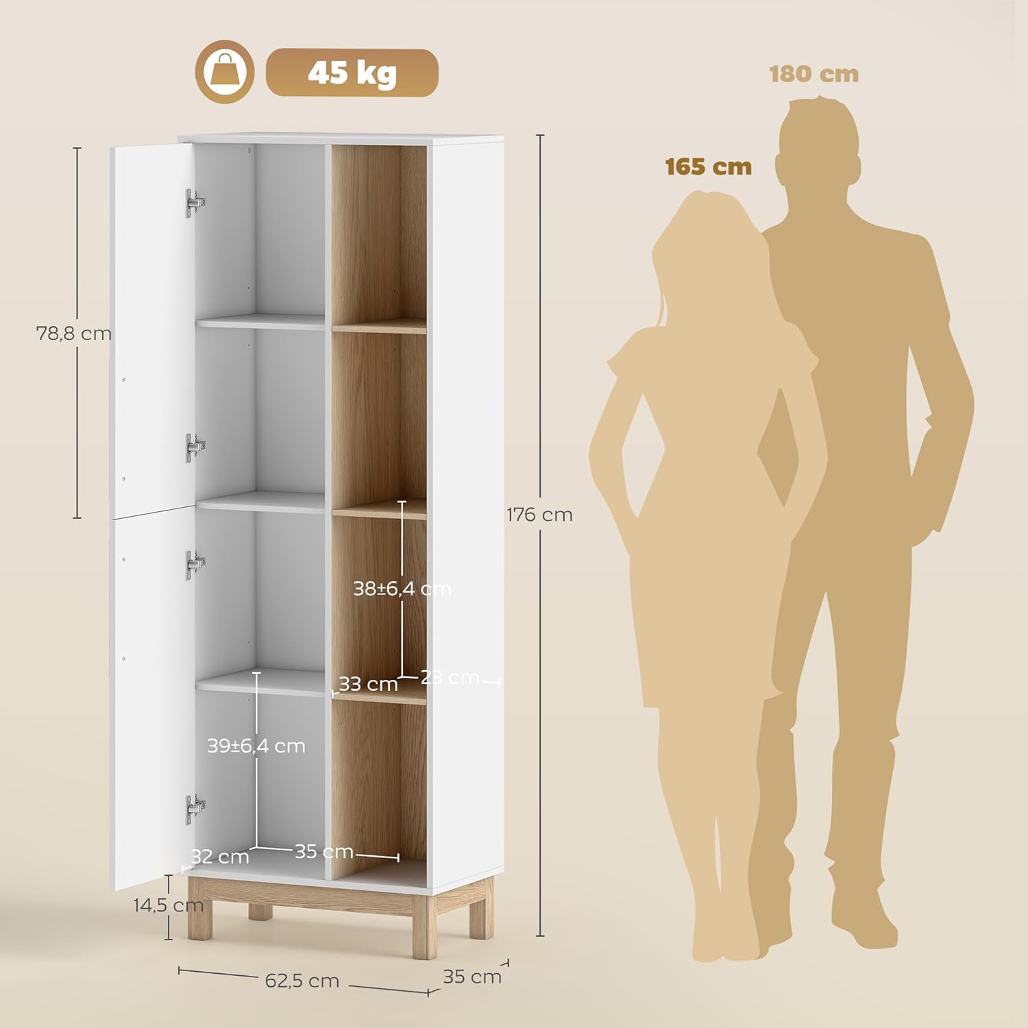HOMCOM Badezimmerschrank Hochschrank, mit 2 Türen, 4 Offenen Ebenen und verstellbaren Regalen, Badschrank für Badezimmer, Wohnzimmer 62,5 x 35 x 176 cm, Weiß — Ansicht 3