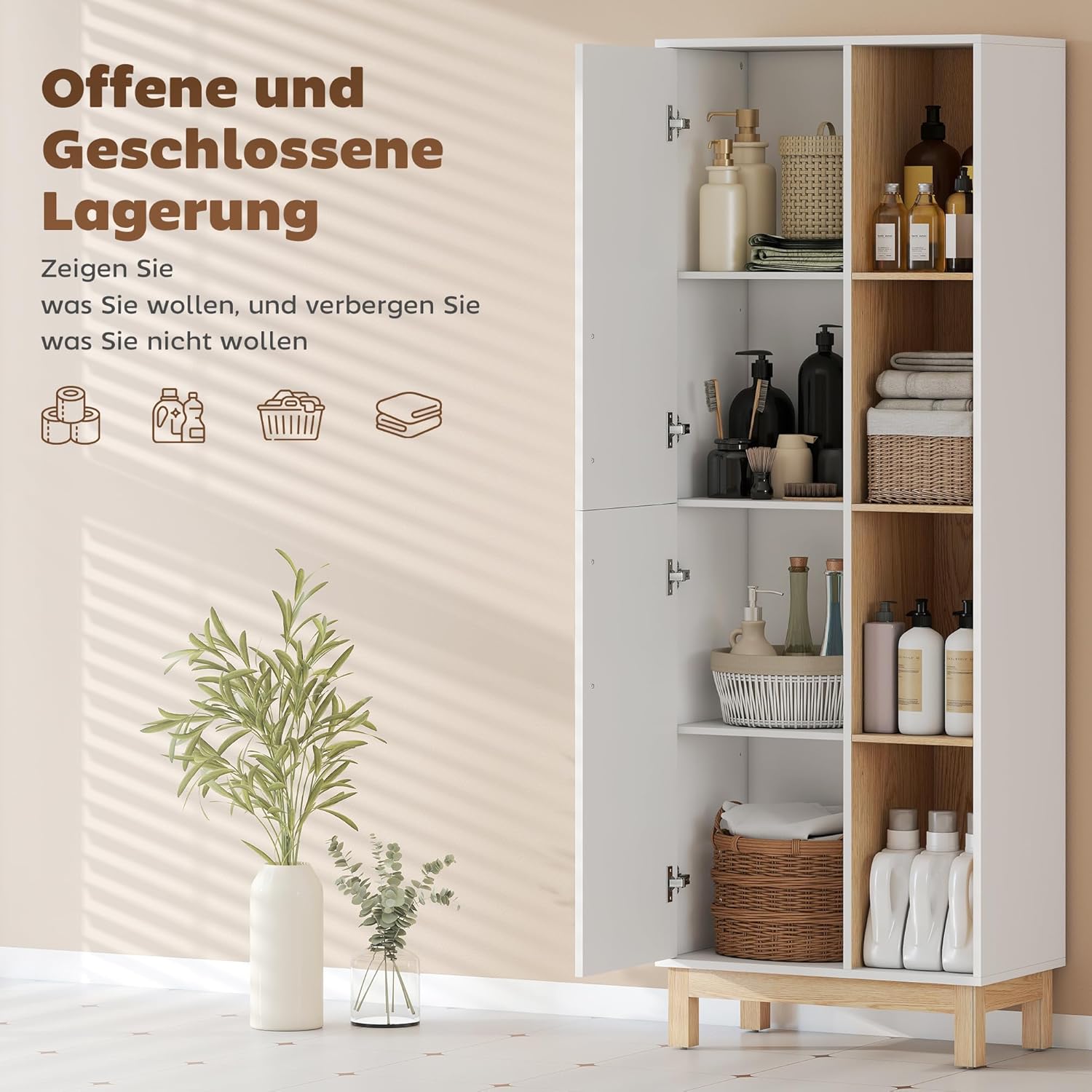 HOMCOM Badezimmerschrank Hochschrank, mit 2 Türen, 4 Offenen Ebenen und verstellbaren Regalen, Badschrank für Badezimmer, Wohnzimmer 62,5 x 35 x 176 cm, Weiß — Ansicht 4
