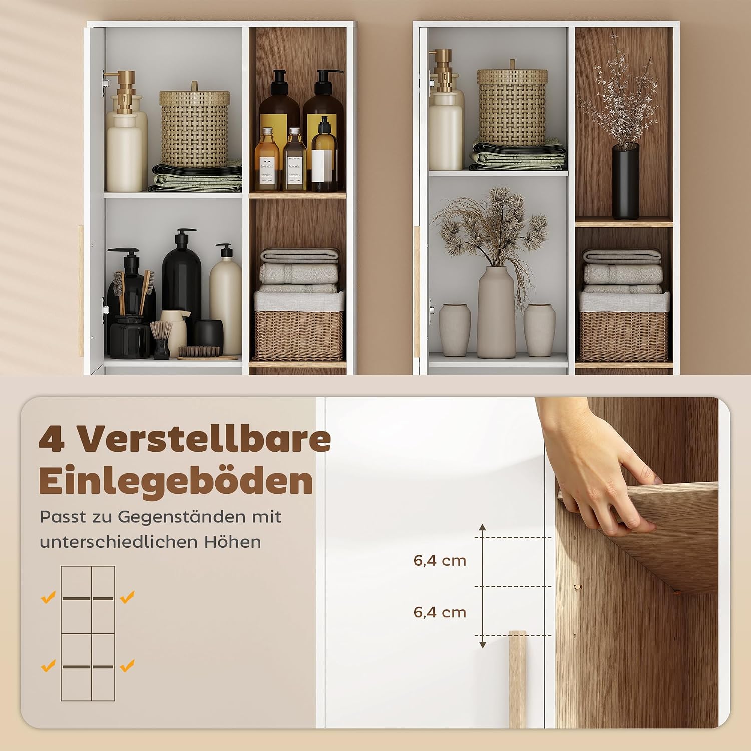 HOMCOM Badezimmerschrank Hochschrank, mit 2 Türen, 4 Offenen Ebenen und verstellbaren Regalen, Badschrank für Badezimmer, Wohnzimmer 62,5 x 35 x 176 cm, Weiß — Ansicht 5